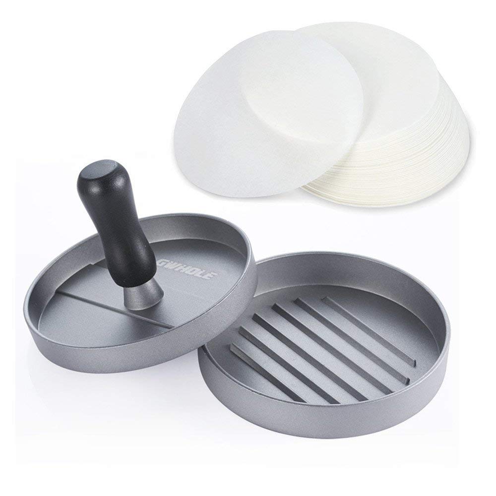 GWHOLE flatlay packaging with press, handle, and 100 wax papers for convenience