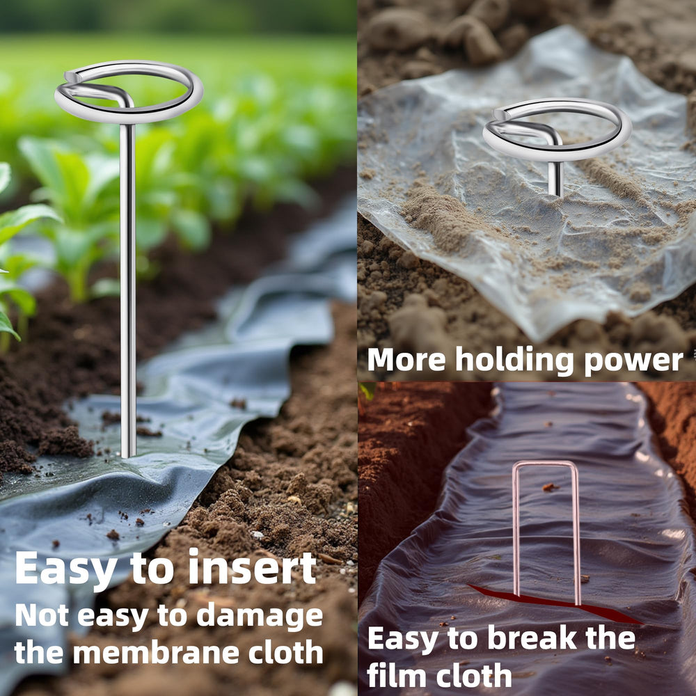 GXZKLMMY pins inserted securing landscape fabric demonstrating reliable hold