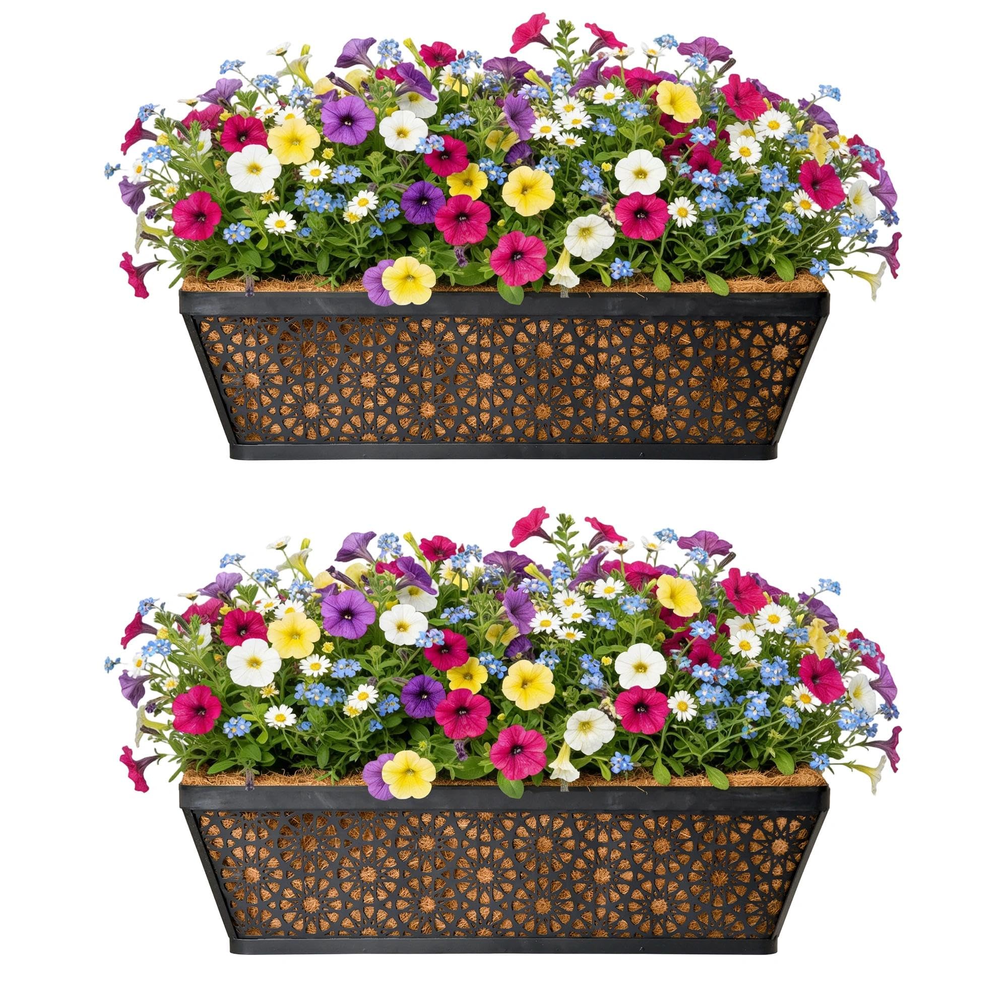 GYATSOCYG front view of two black metal window boxes showing sleek finish and benefit: durable display