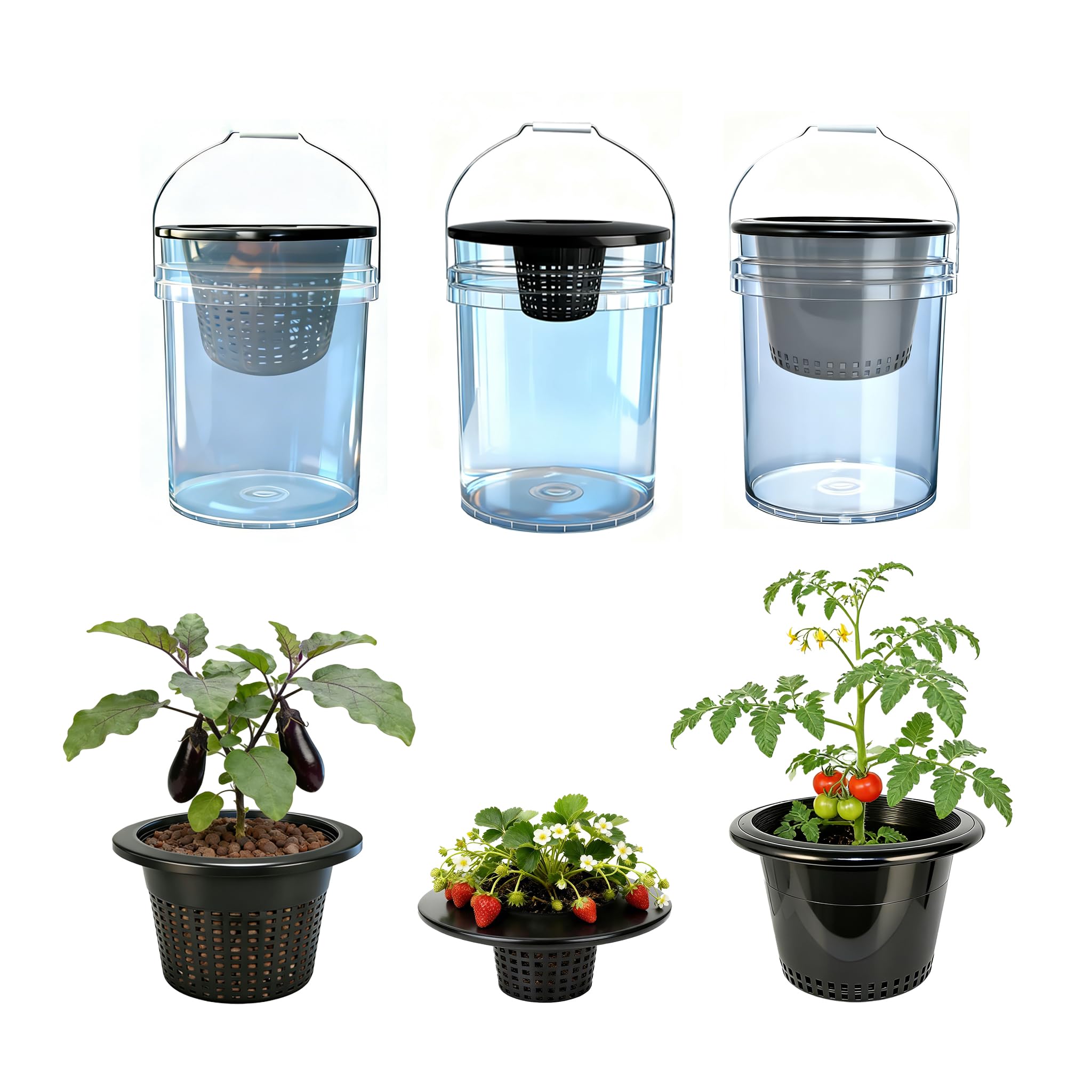 Gyfofix hydroponic herb buckets using net pots in a kitchen garden setting for convenience