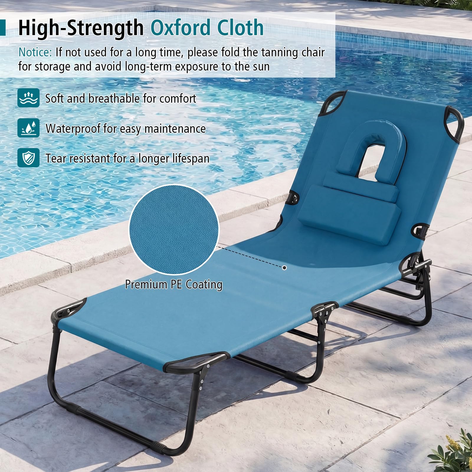 GYMAX close-up of face hole and cover offering comfortable back tanning