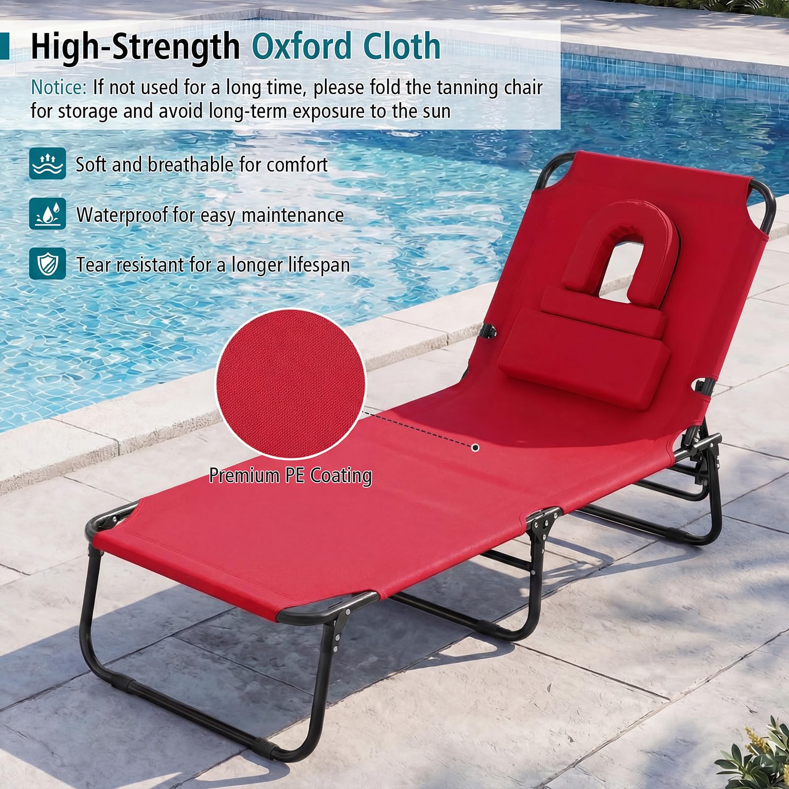GYMAX folded chaise with carry strap for effortless transport and storage