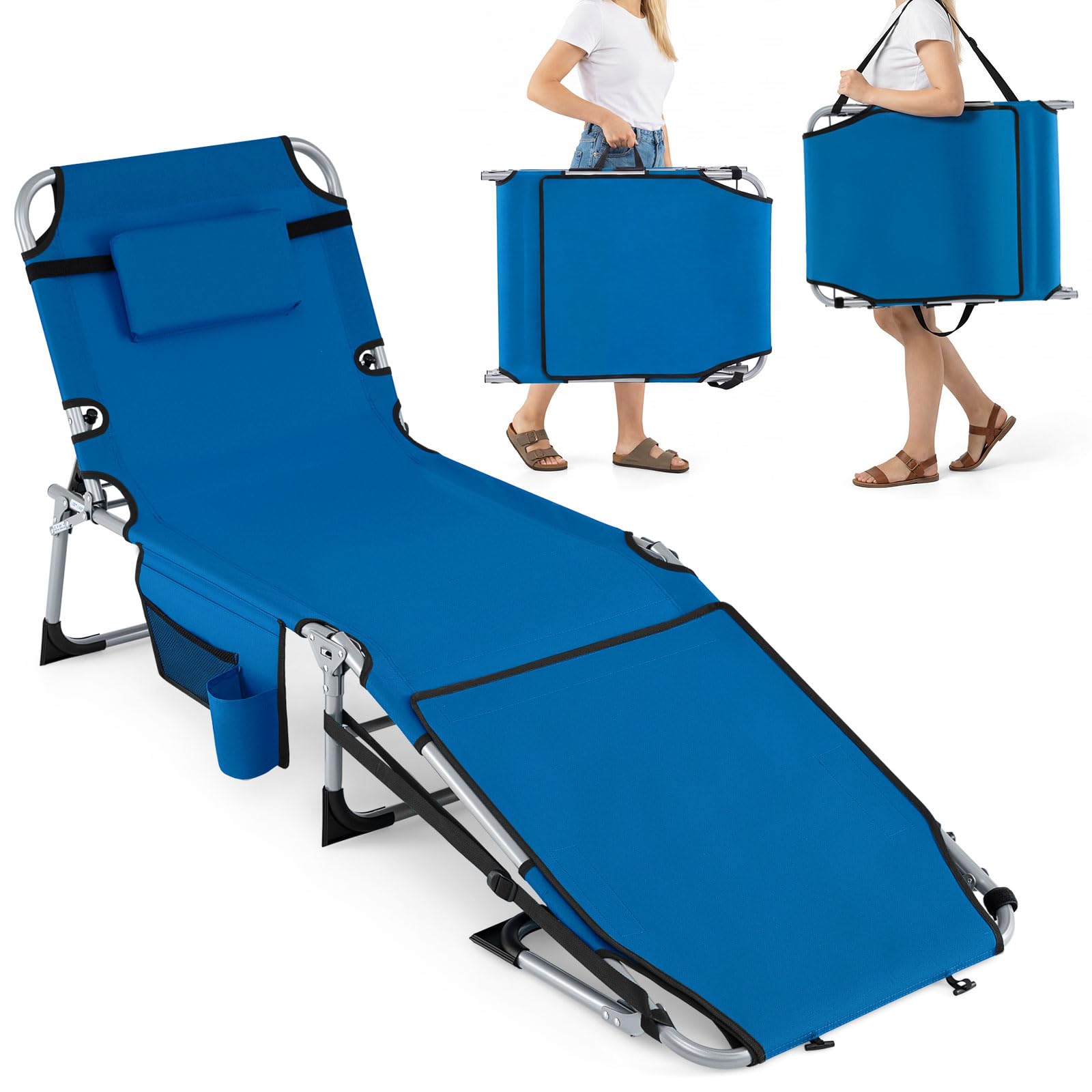 GYMAX front view showing full blue lounger and adjustable recline benefits