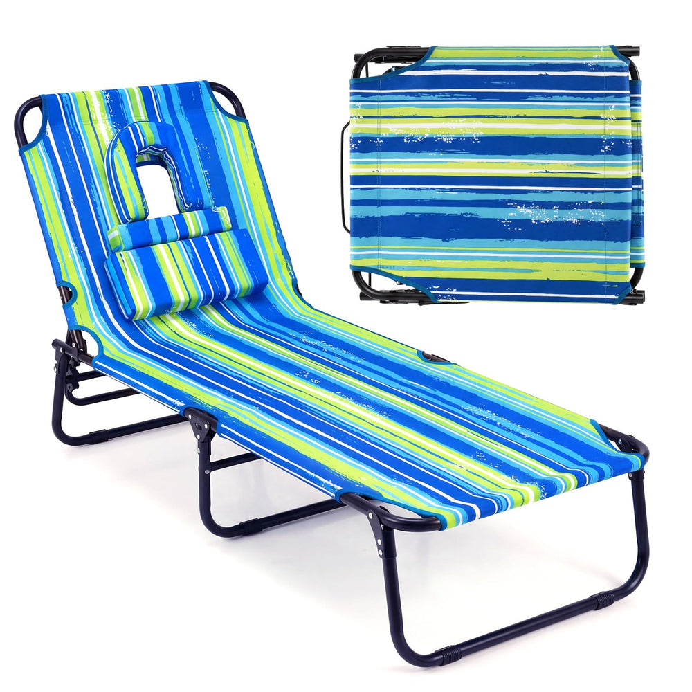 GYMAX front view blue stripe showing full lounger and benefits portability