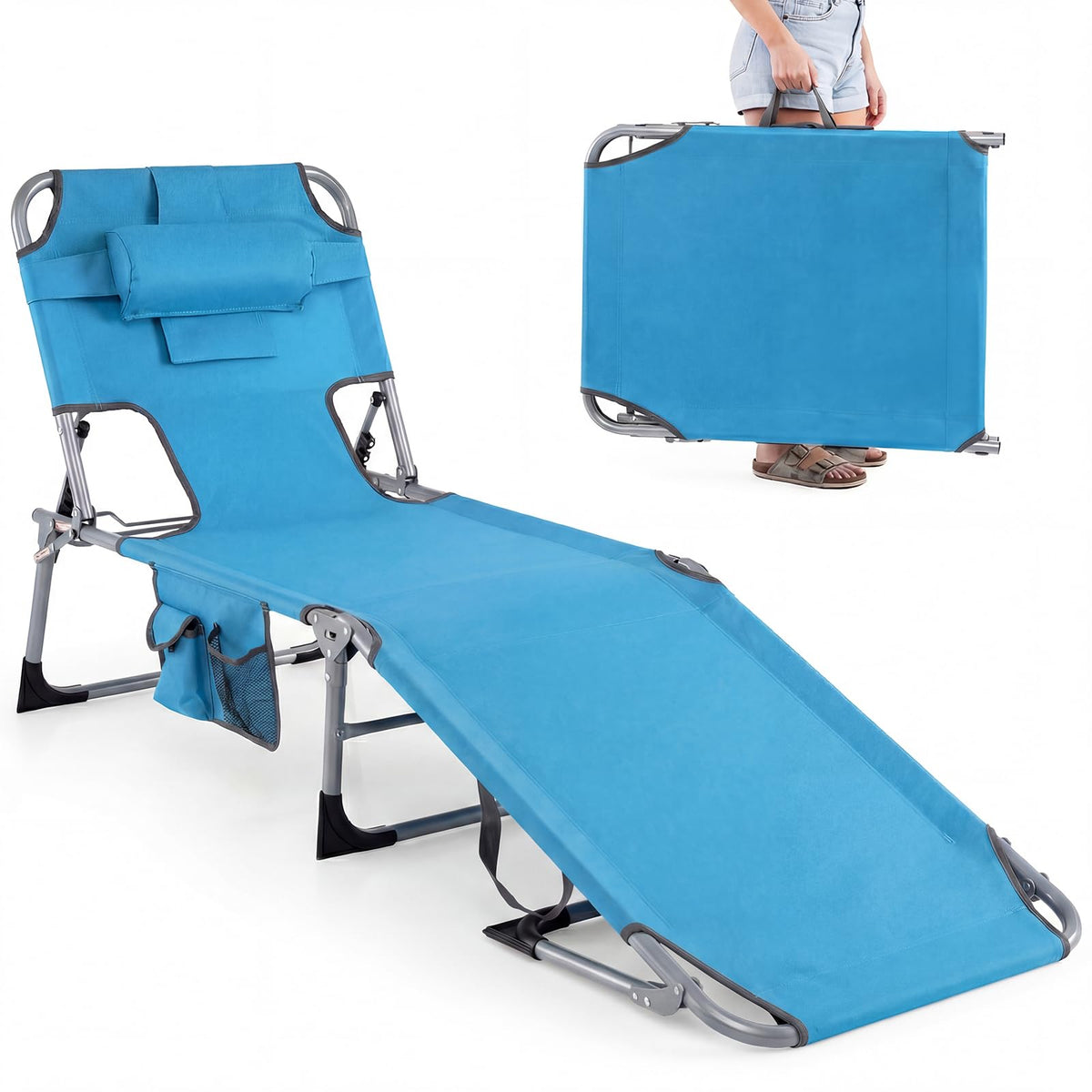 GYMAX front view of blue tanning chair showing full layout and comfort benefits