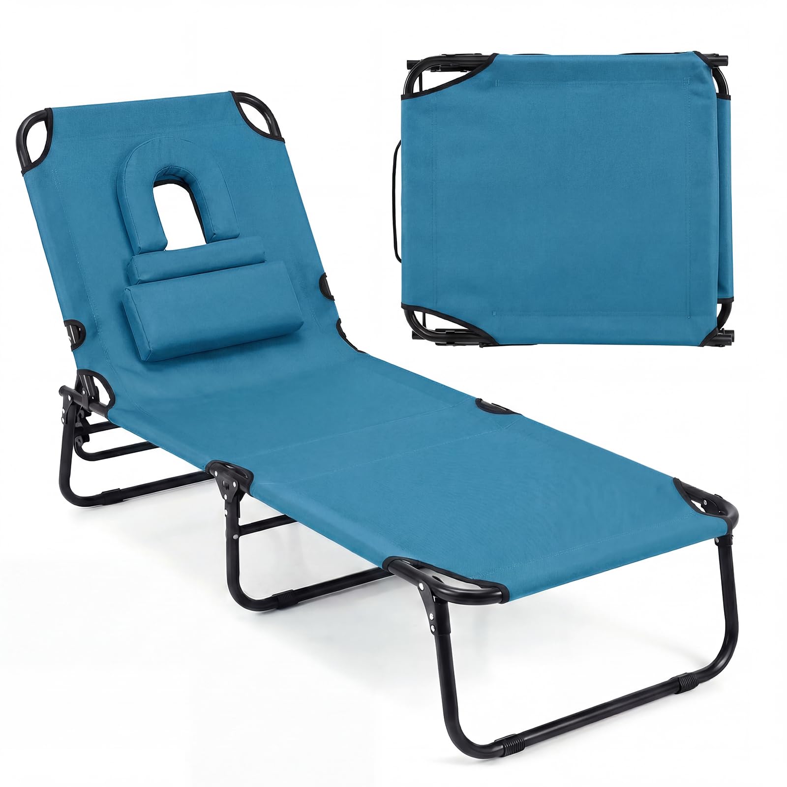 GYMAX front view of blue tanning chair showing full lounger and benefits
