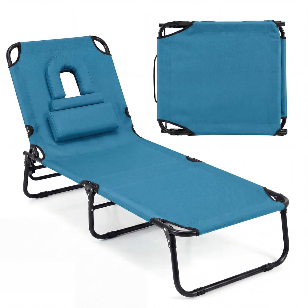 GYMAX front view of blue tanning chair showing full lounger and benefits