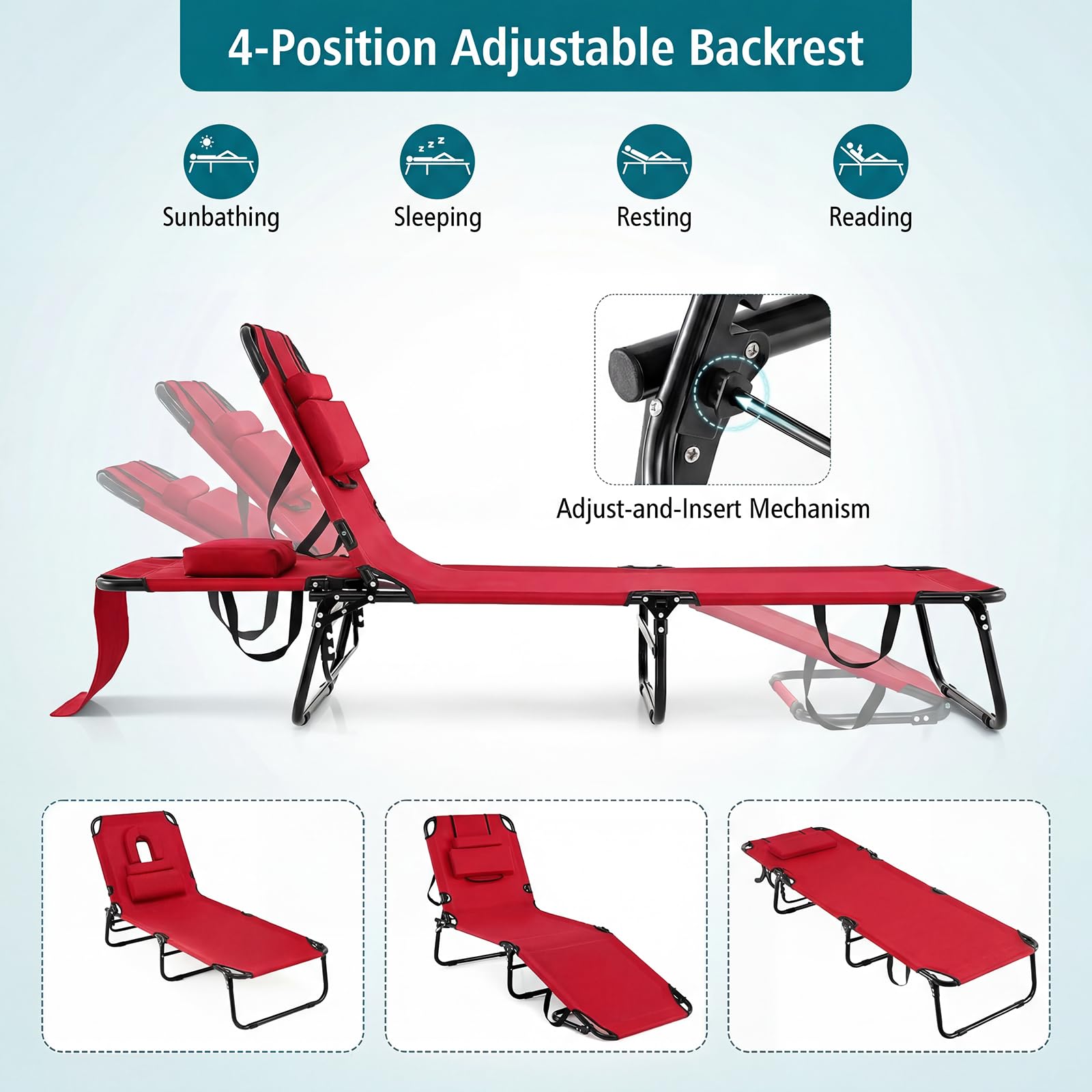 GYMAX in use poolside demonstrating reclining comfort and outdoor convenience