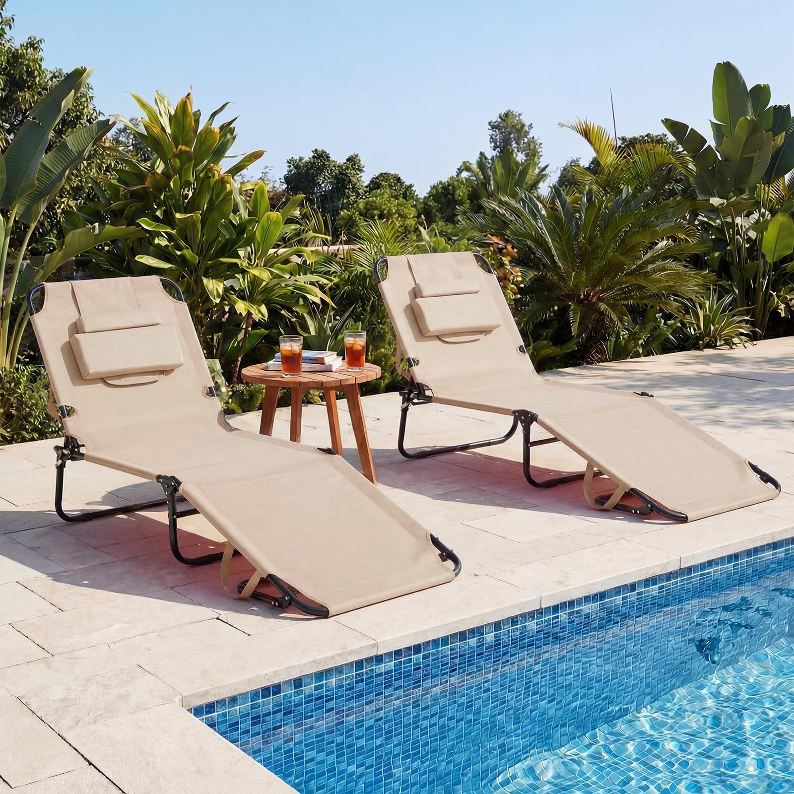 GYMAX lounger set up on a beach illustrating portable outdoor use