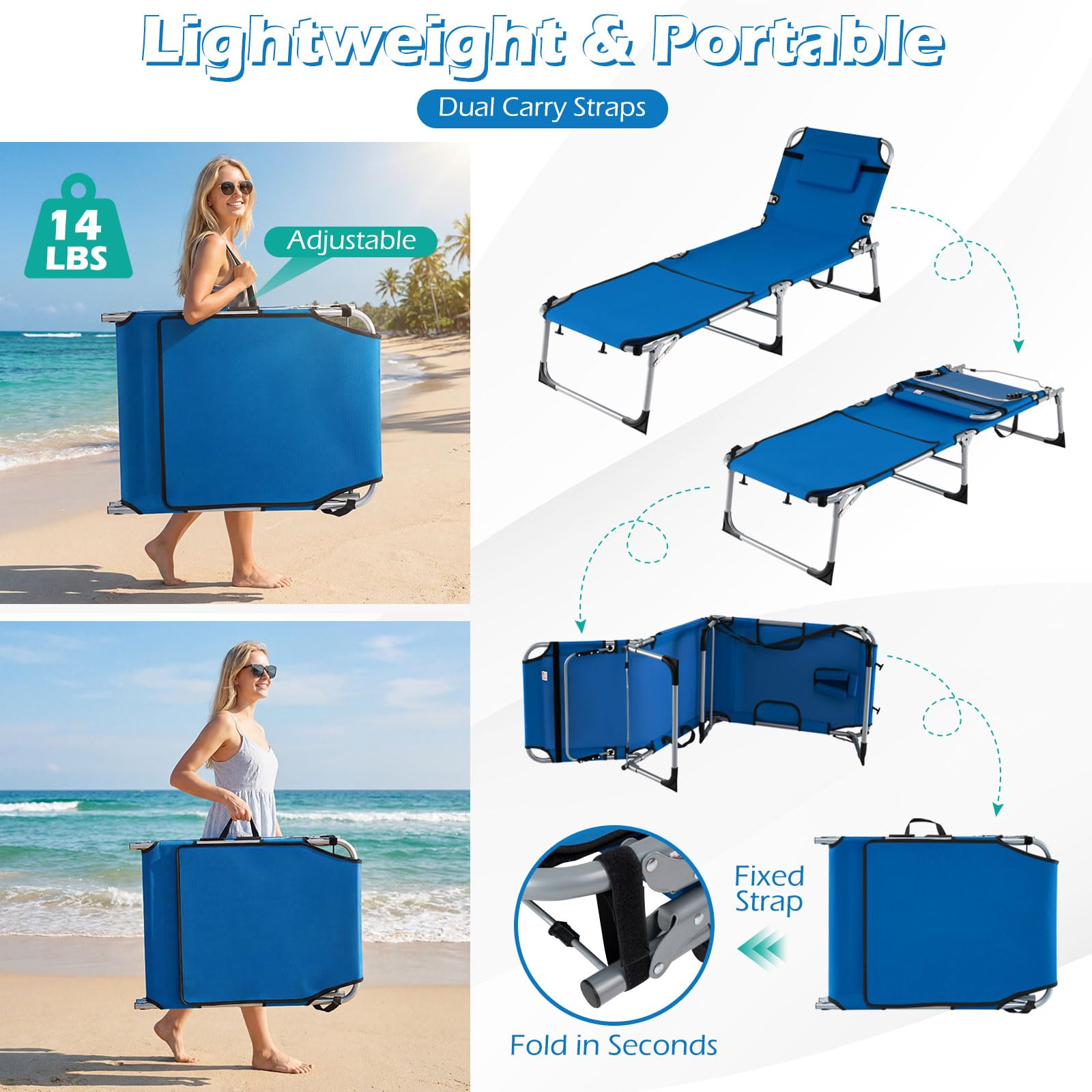 GYMAX lounger on sandy beach illustrating relaxed sunbathing setup