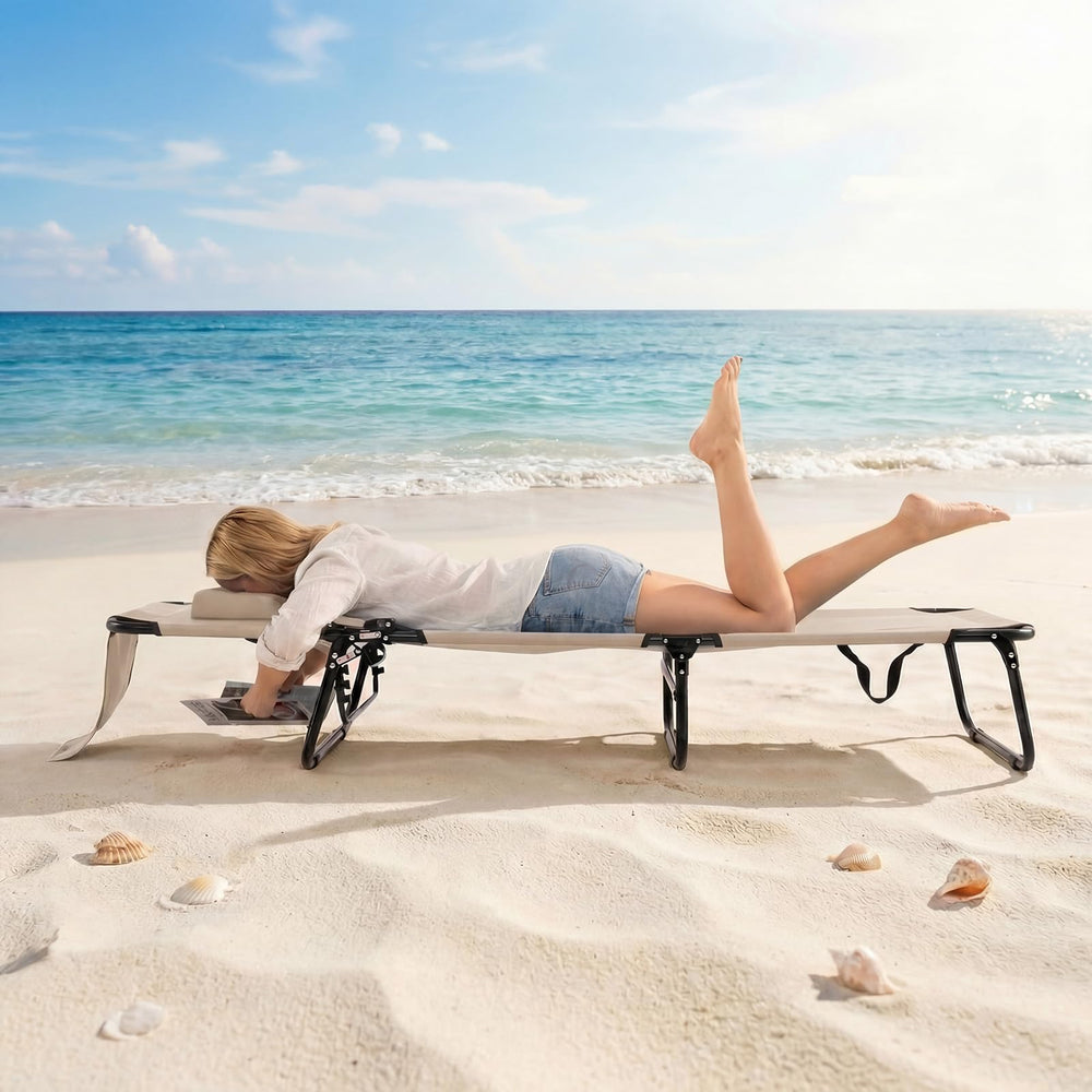 GYMAX lounger next to person to show size and real-life scale