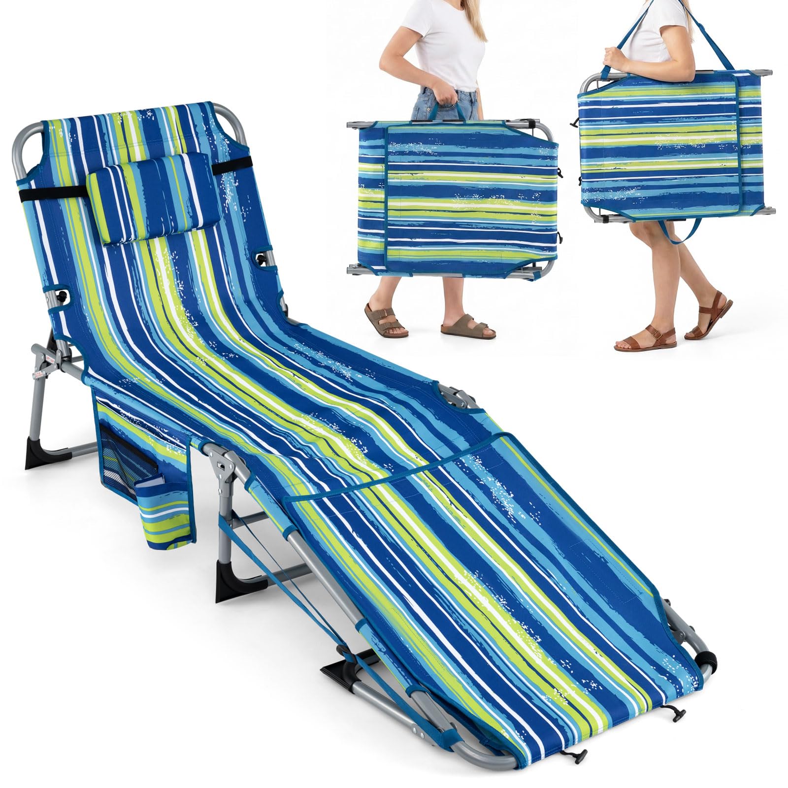 GYMAX front view blue stripe lounger showing full reclining comfort