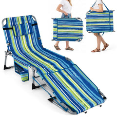 GYMAX front view blue stripe lounger showing full reclining comfort