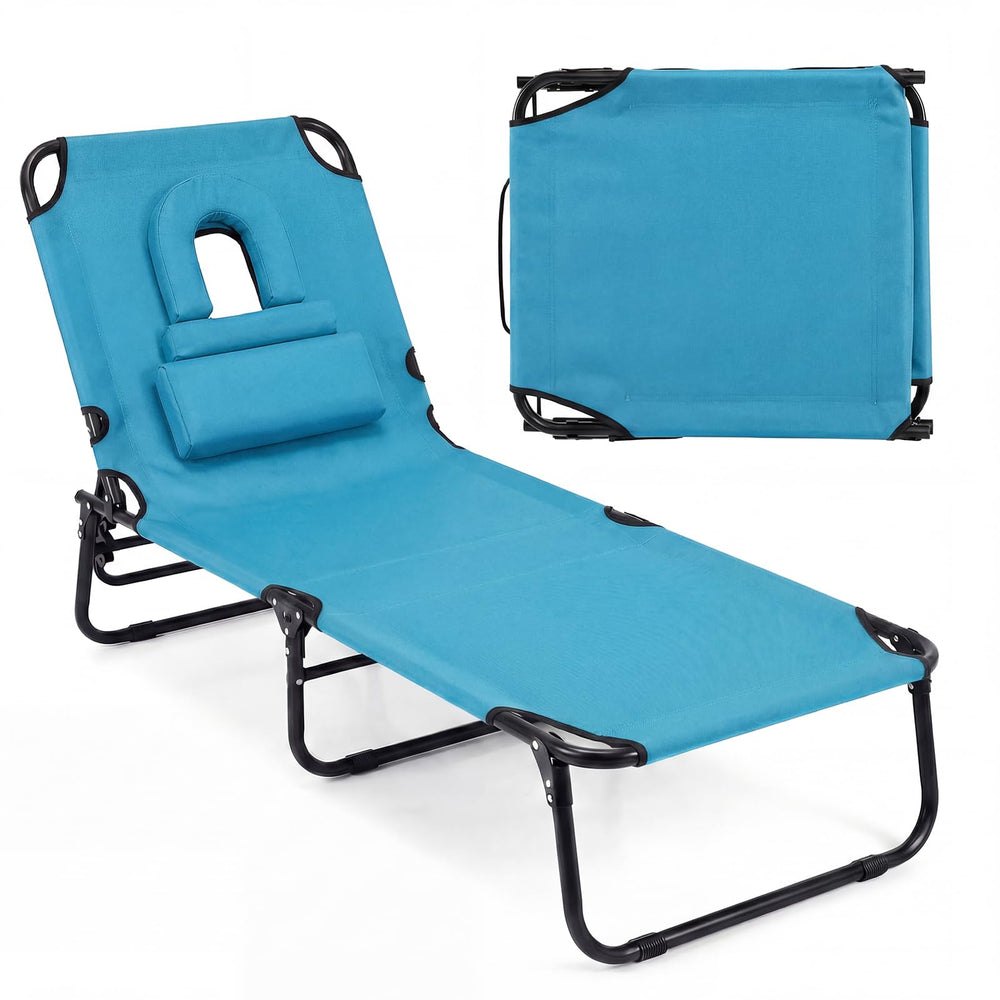 GYMAX front view of turquoise tanning chair showing full recline and convenience