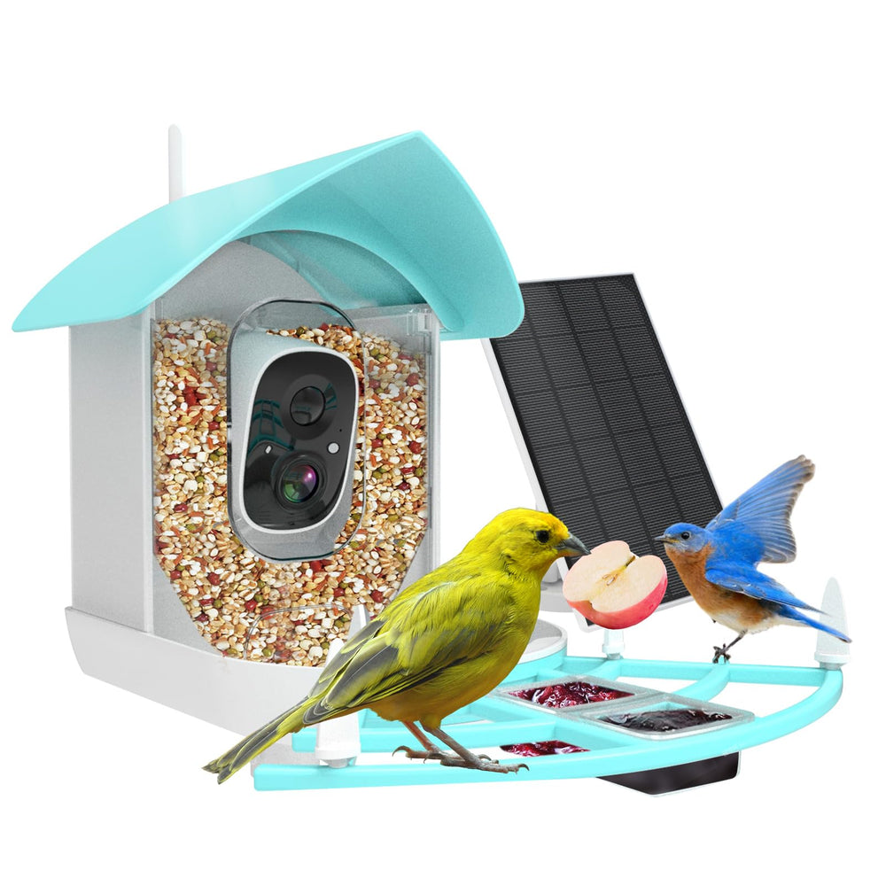 Gyozol front view of bird feeder showing camera and weatherproof design benefit
