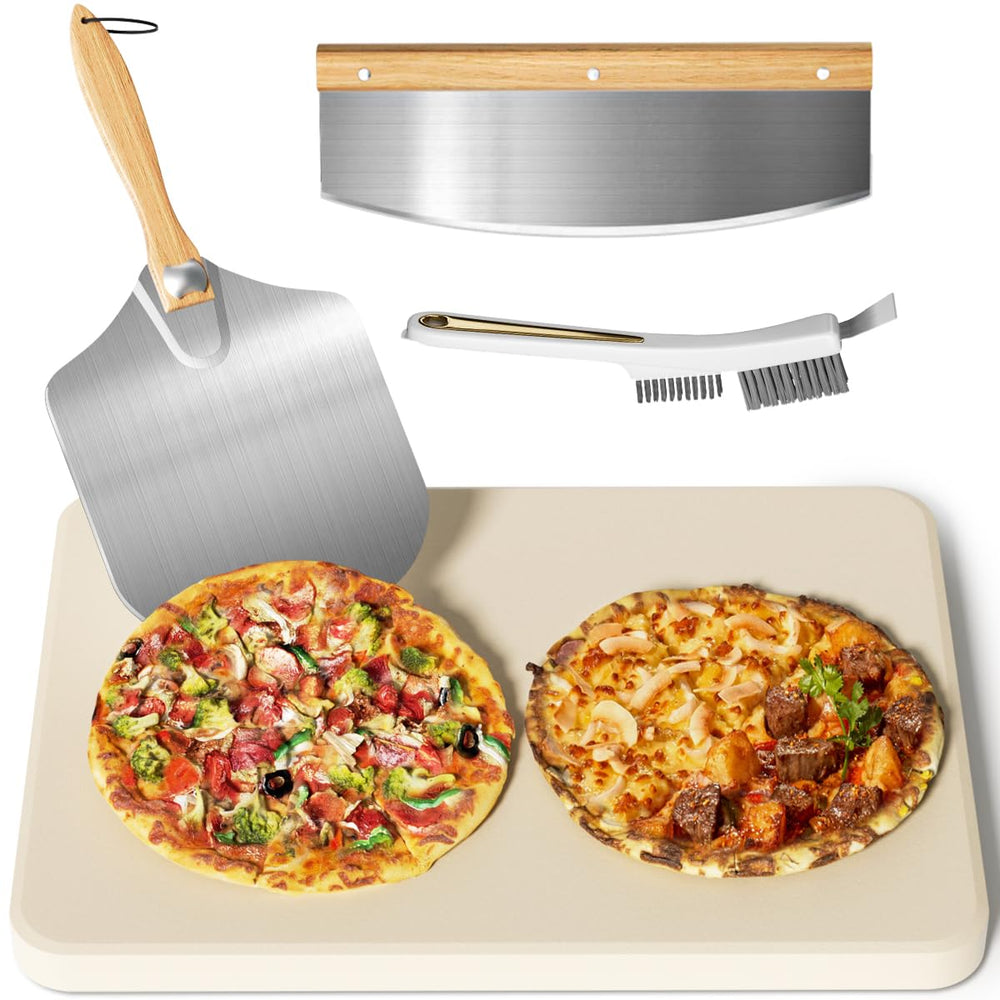 Gyreuni front view of full pizza stone kit showing tools and stone benefits