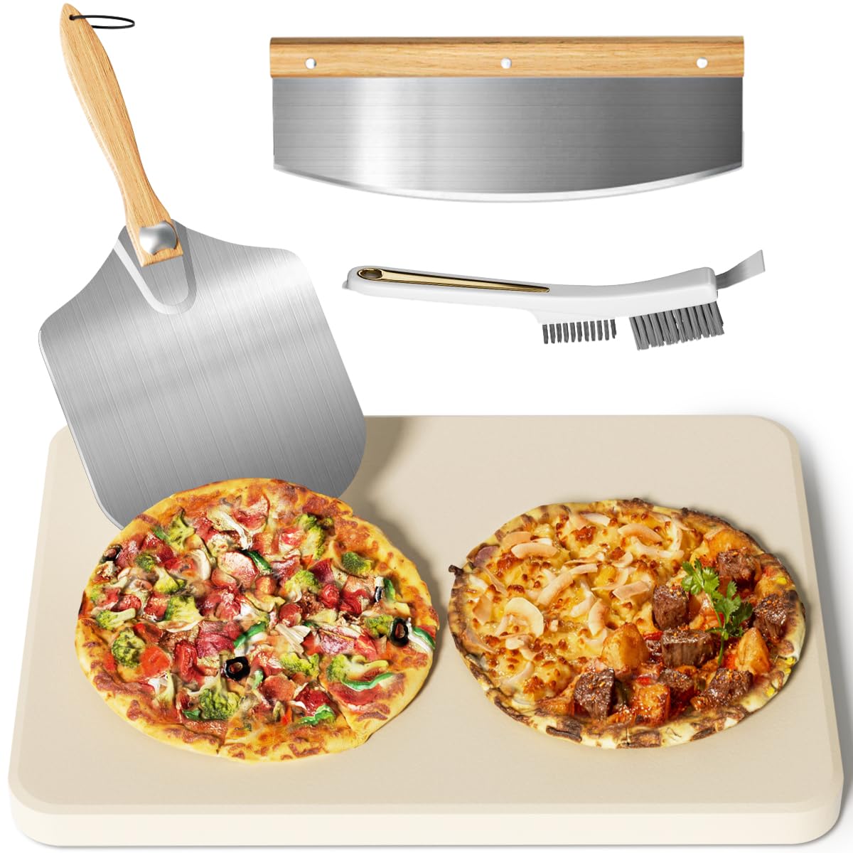 Gyreuni front view of full pizza stone kit showing tools and stone benefits