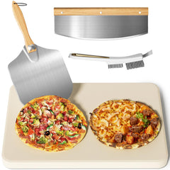 Gyreuni front view of full pizza stone kit showing tools and stone benefits