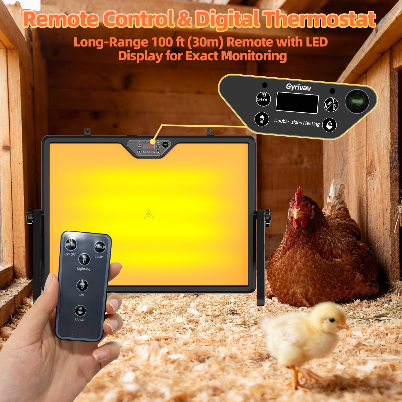 Gyrivav remote and LED display showing temperature control convenience benefit