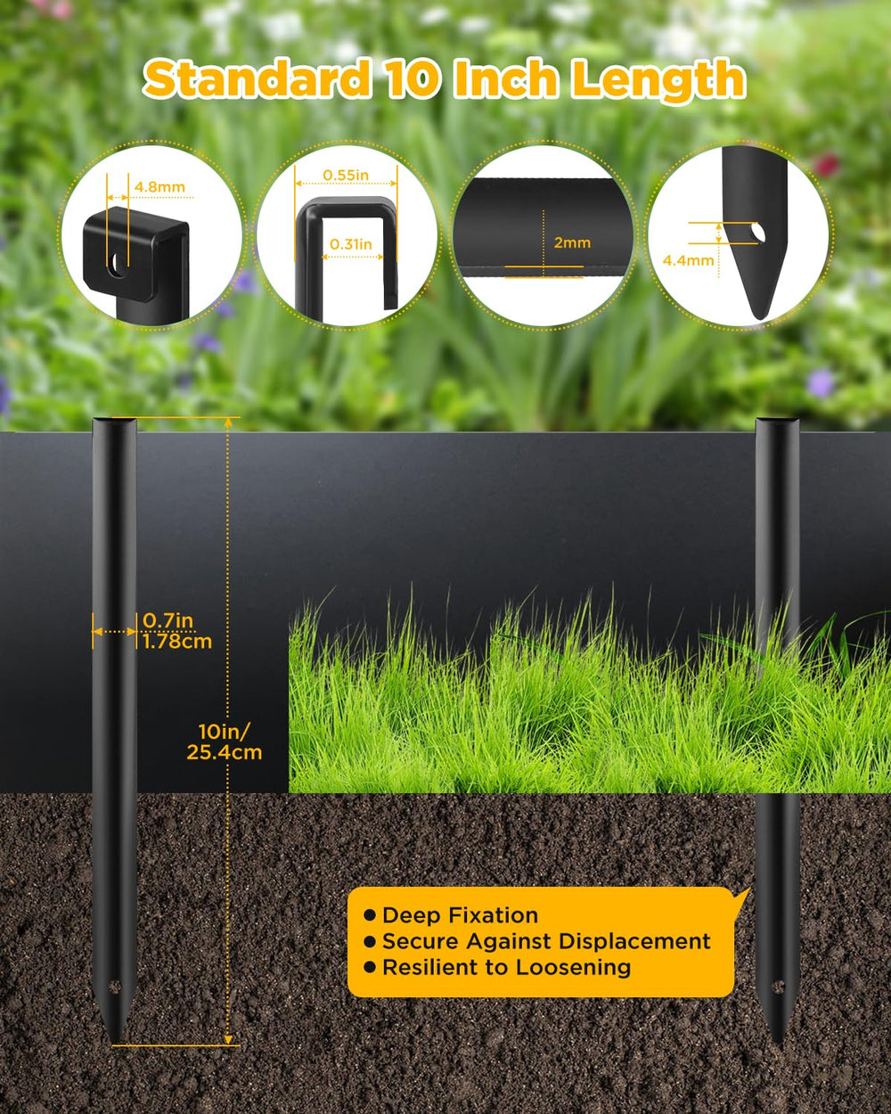 GZBEVITAR stake next to ruler showing 10-inch size and installation planning benefit