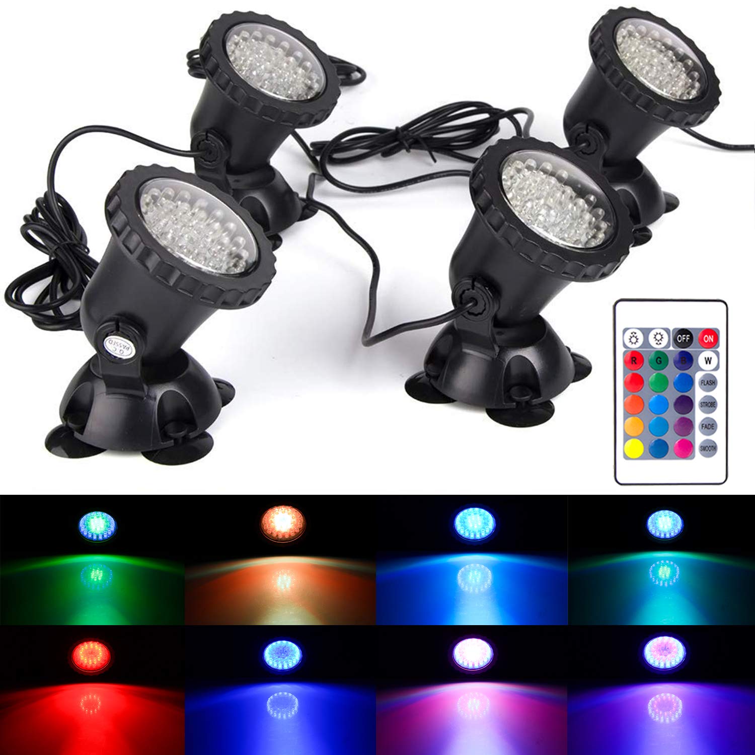 GZKANFUL front view of 4-pack waterproof pond light kit showing compact design and plug-in convenience