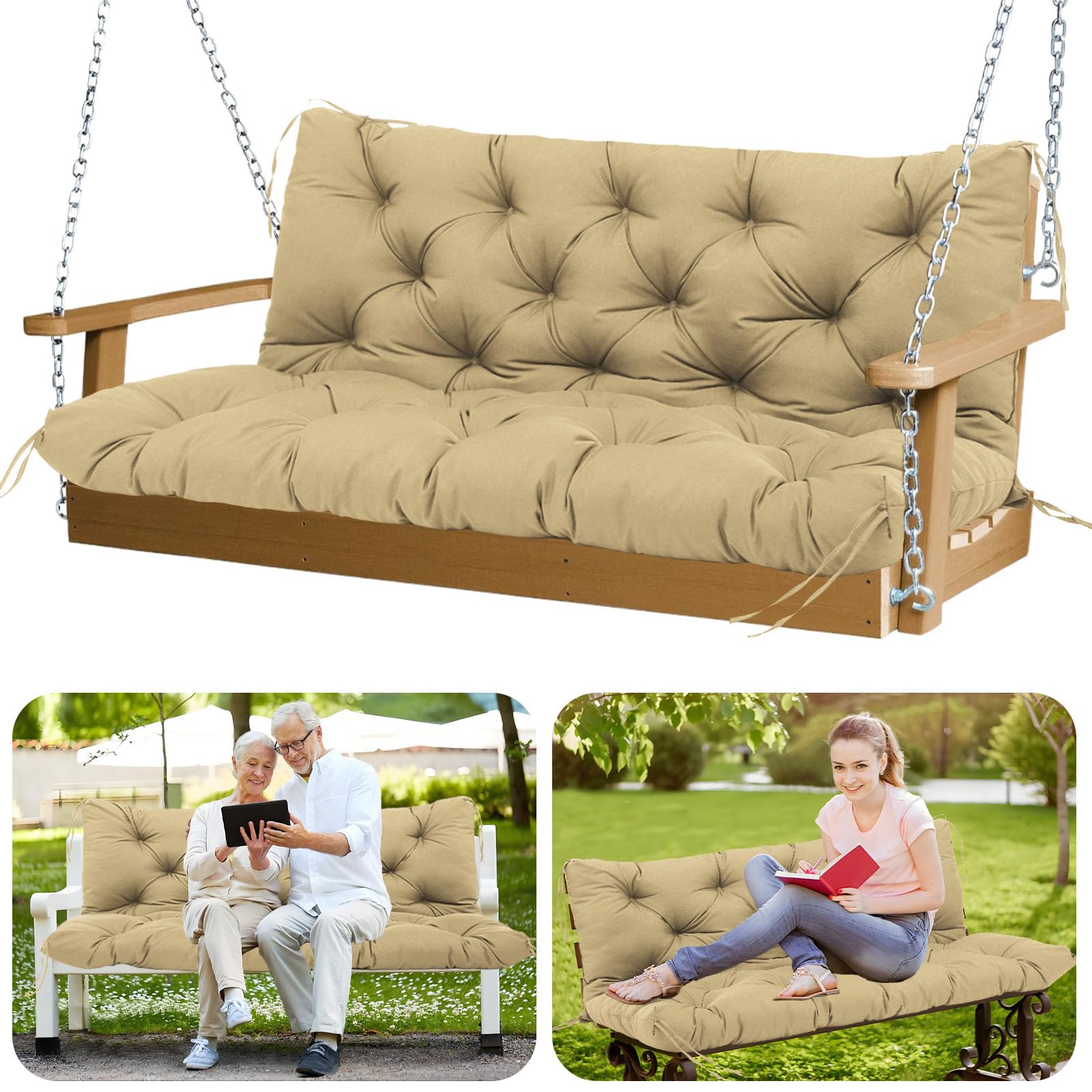 GZXAGZJ front view of khaki porch swing cushion showing durable cover and fit