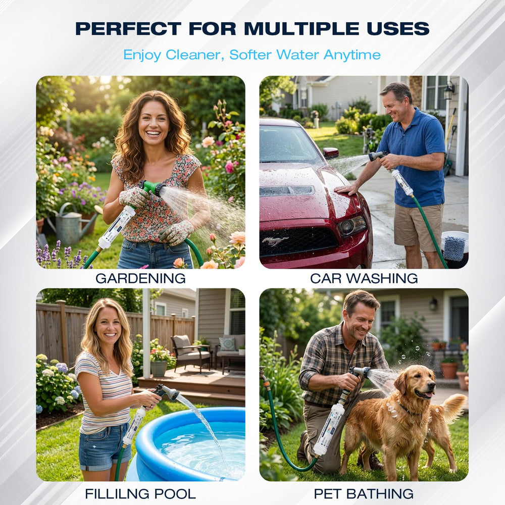 H&G lifestyles filter connected to garden hose while watering, showing reduced mineral residue benefit