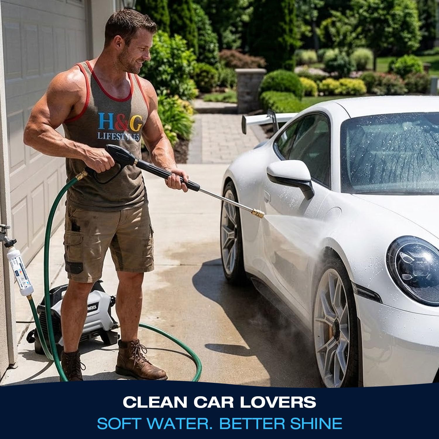 H&G lifestyles filter in backyard shower scene demonstrating softer water for comfortable rinses