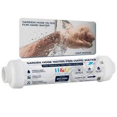 H&G lifestyles front view of garden hose filter showing compact inline design and benefit of softer water