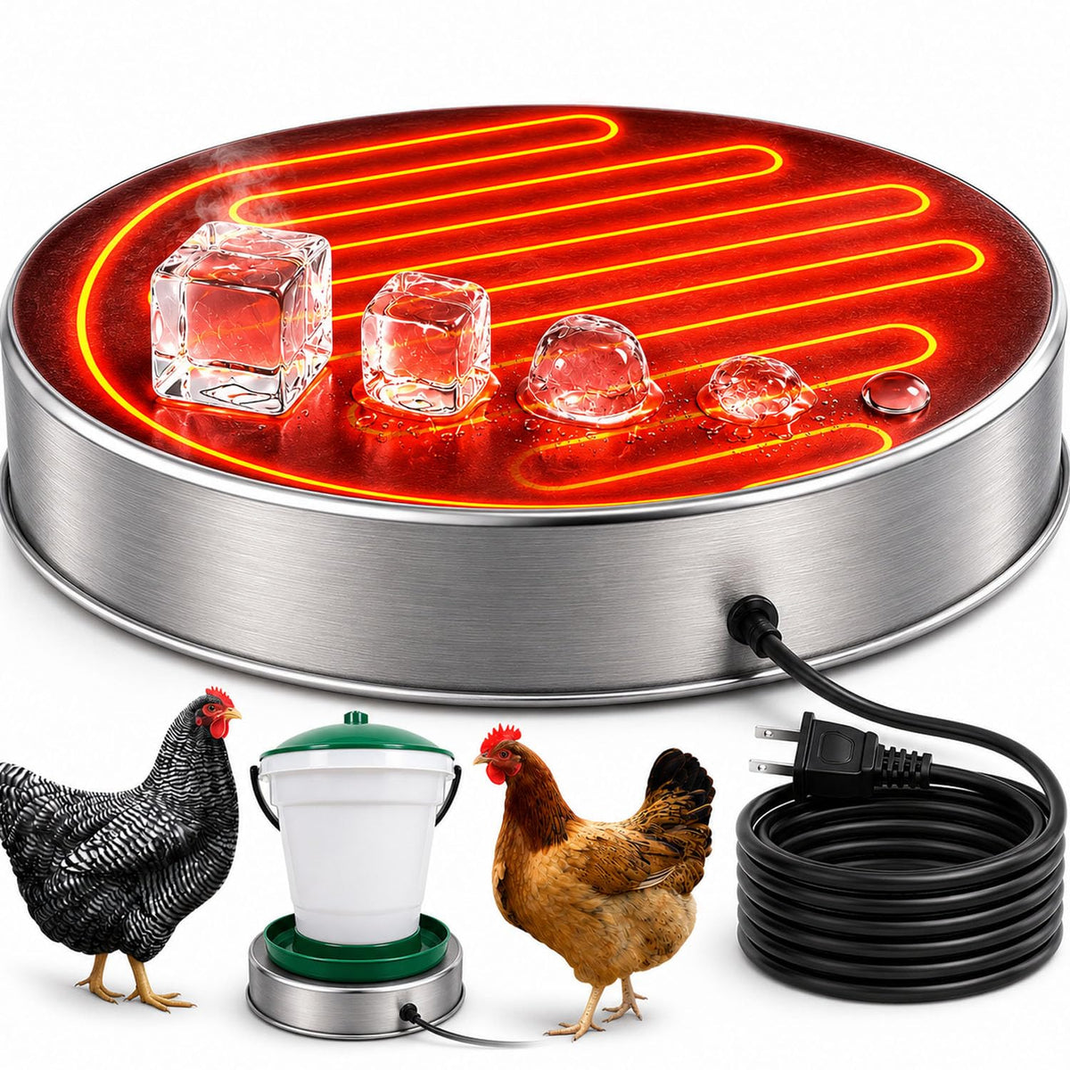 H&G lifestyles front view of heated chicken waterer base showing compact design and winter readiness