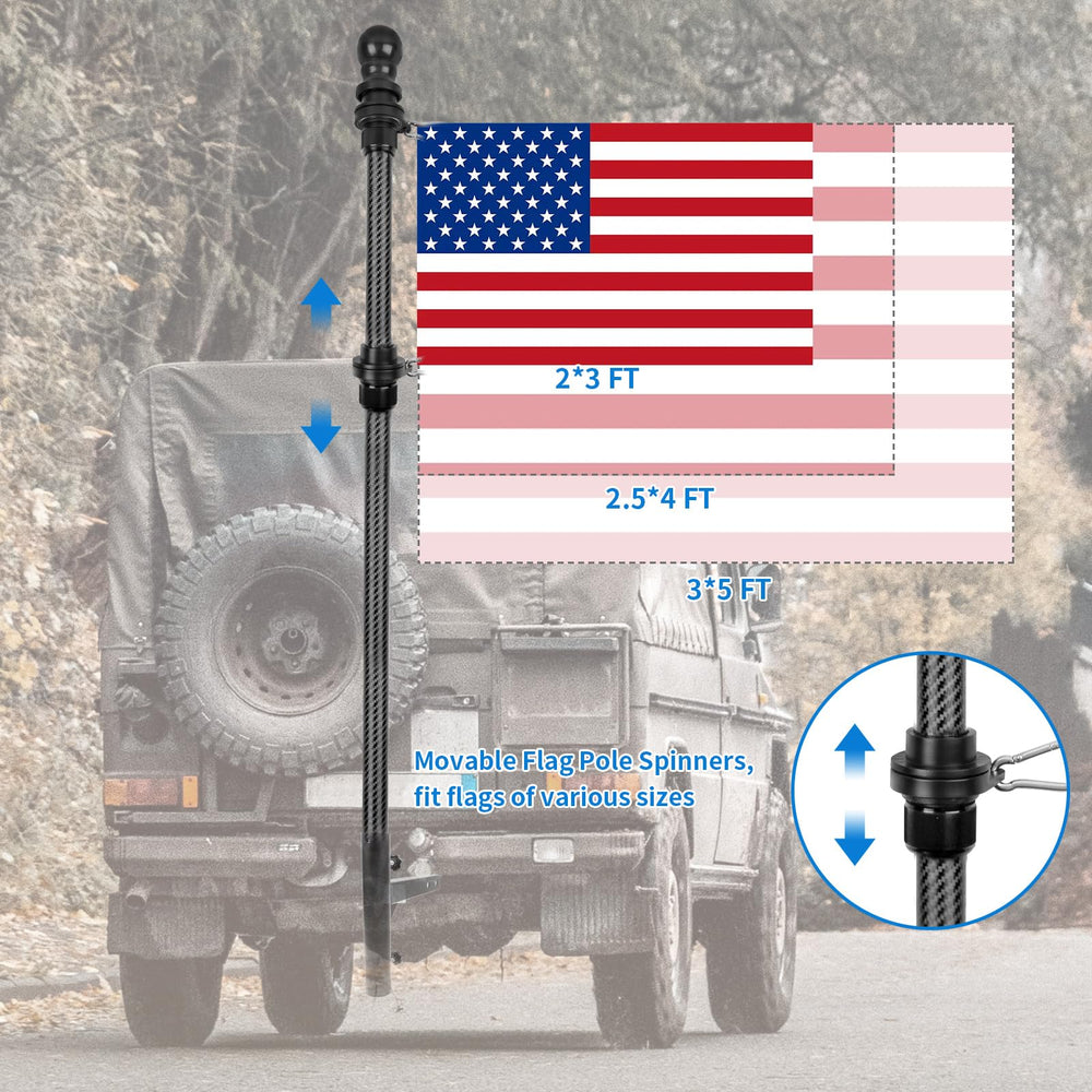 H HIBLE pole beside ruler showing five-foot length and compatible flag sizes