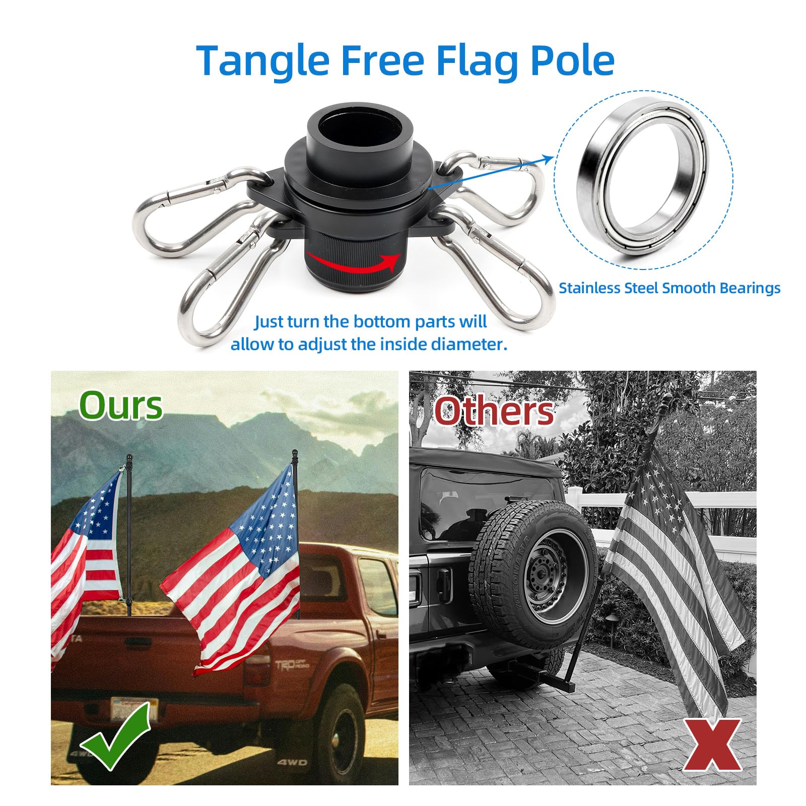 H HIBLE flag pole on vehicle in motion showing reliable windproof display