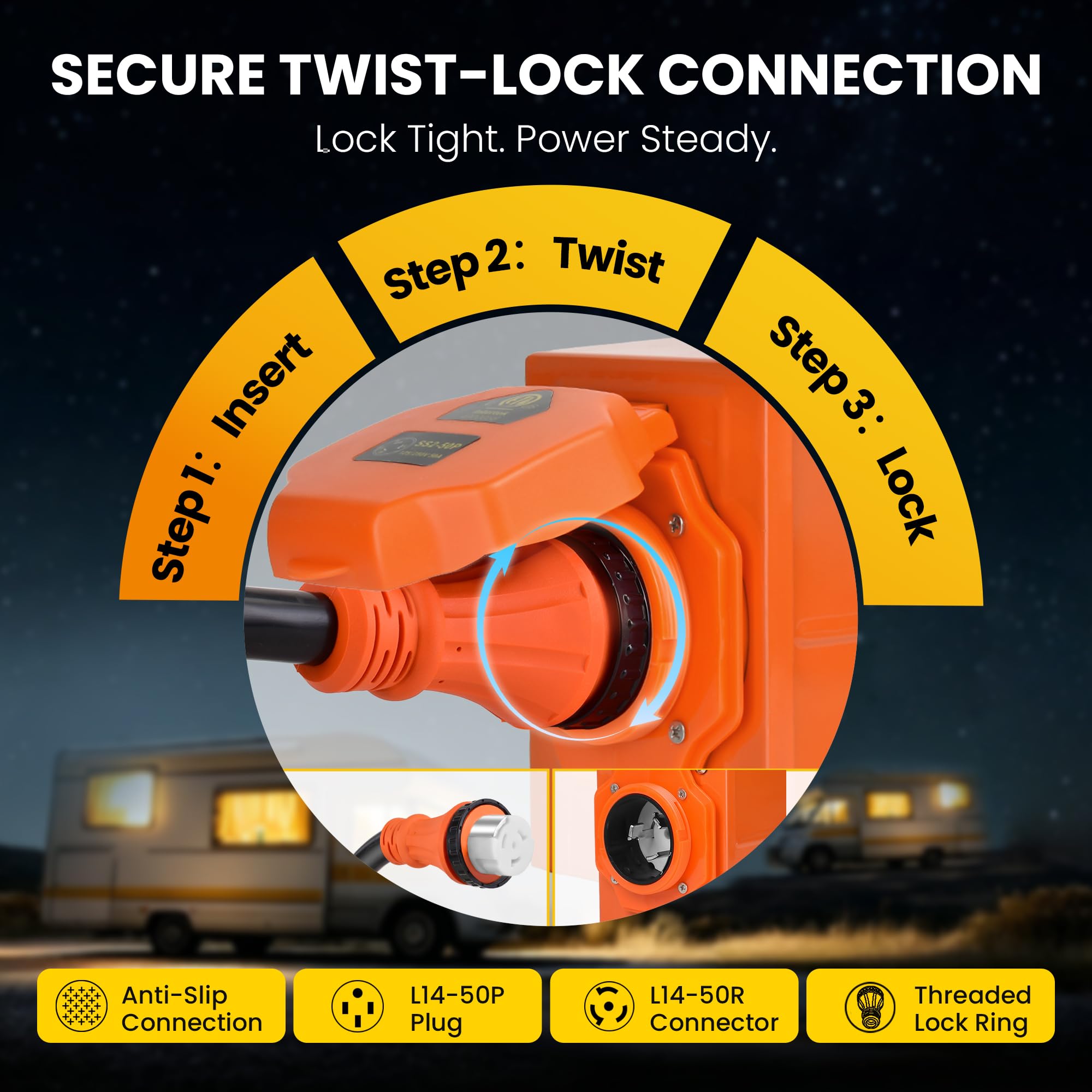 H HZXVOGEN twist‑lock plug closeup showing secure connection benefit
