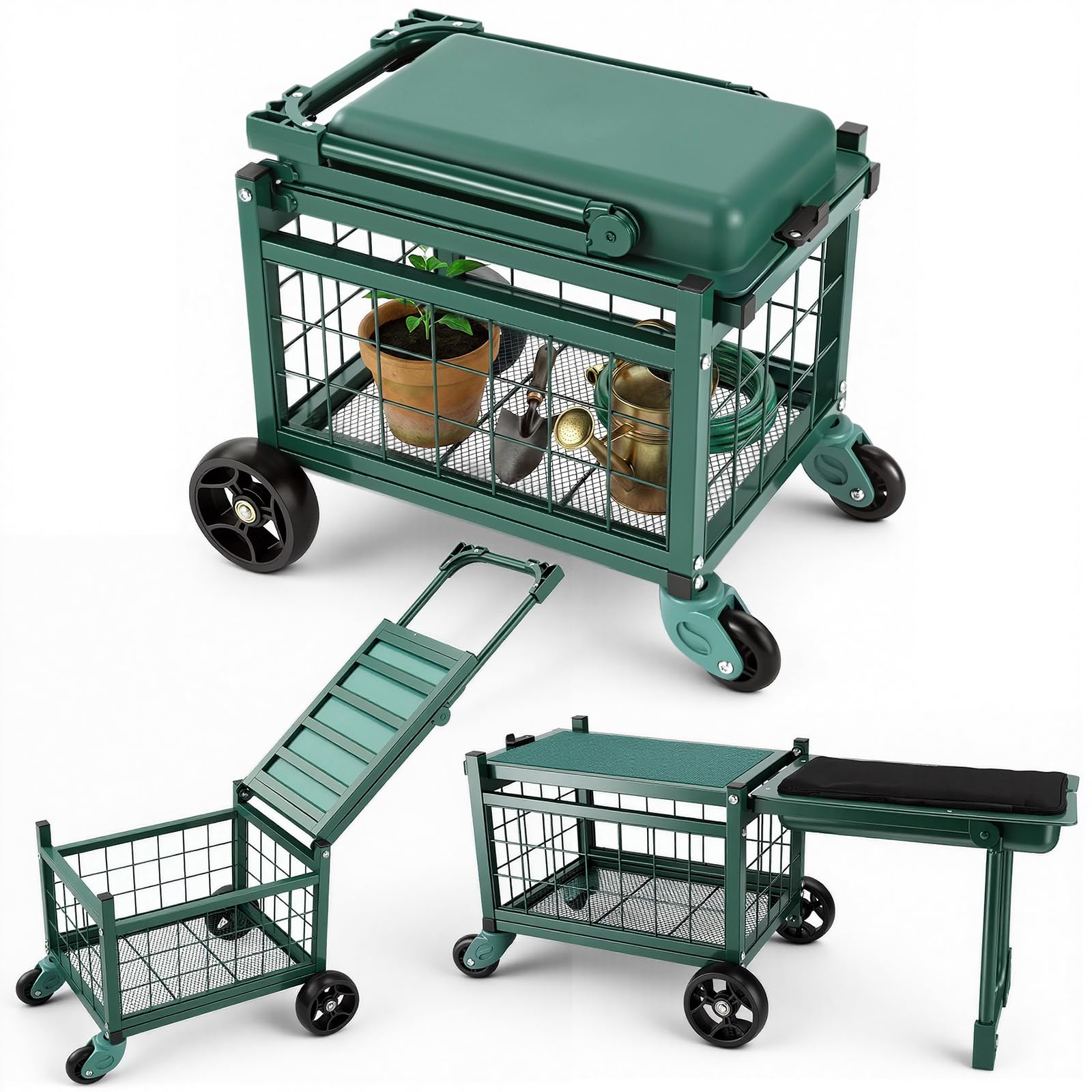 H-OMMEASSY front view of metal rolling garden cart showing storage and seat, improves ergonomics