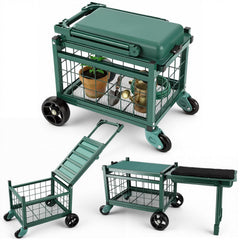 H-OMMEASSY front view of metal rolling garden cart showing storage and seat, improves ergonomics