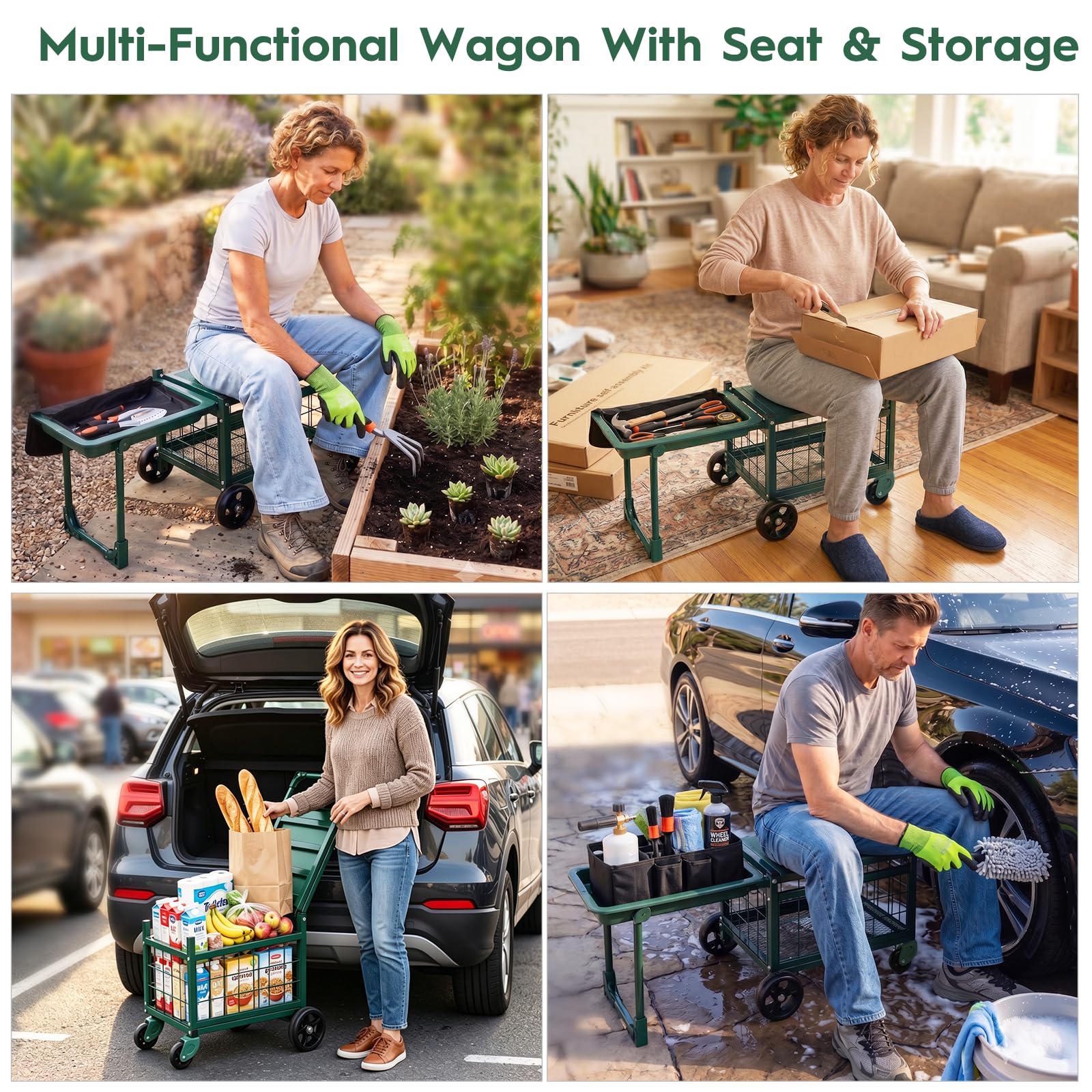 H-OMMEASSY cart in a garden with a seated user potting plants, reduces bending tasks