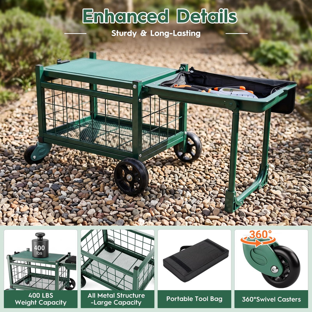 H-OMMEASSY 360° swivel casters and solid wheels rolling on gravel and grass, enables easy maneuvering