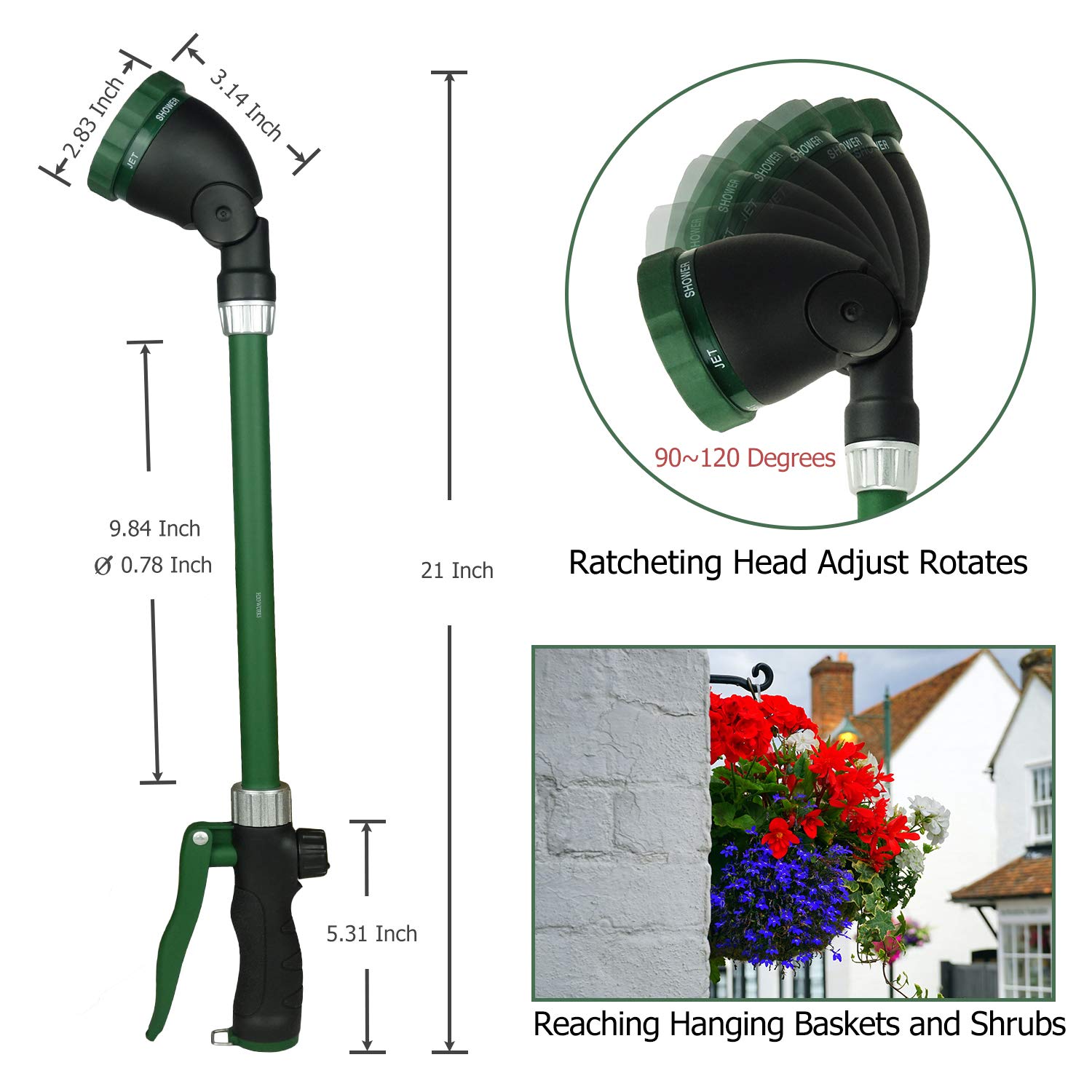 H2O WORKS wand next to ruler showing 21-inch scale and easy reach benefit