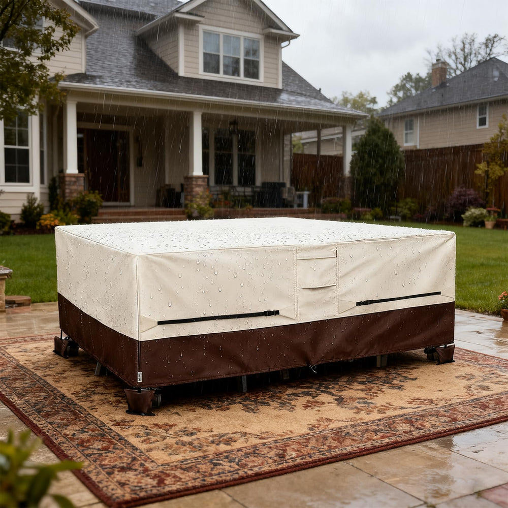 Hadisi cover installed over outdoor dining set demonstrating weather protection benefit