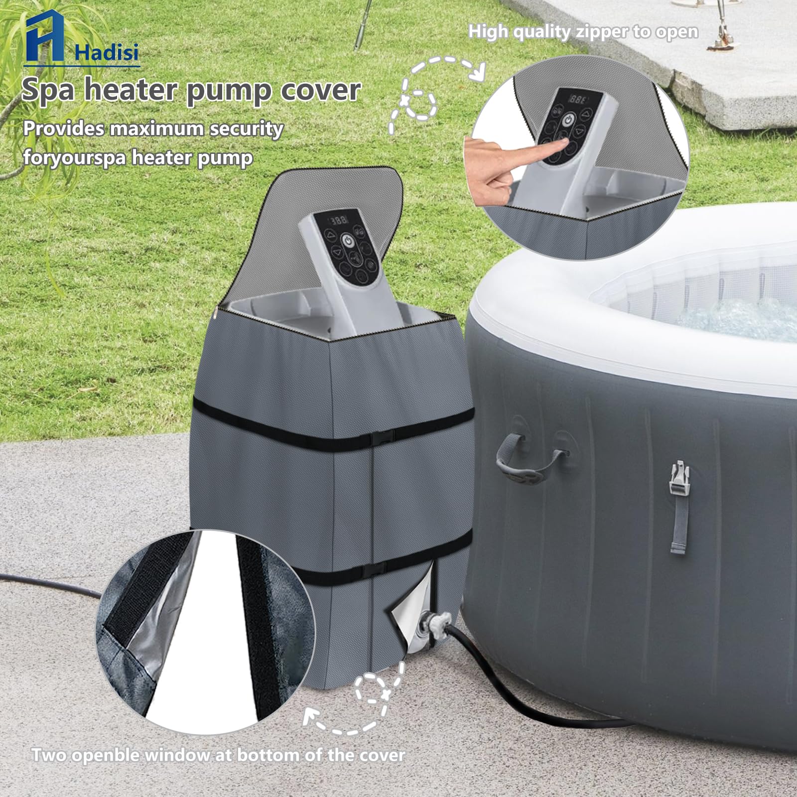 Hadisi covered pump placed beside hot tub for weather protection