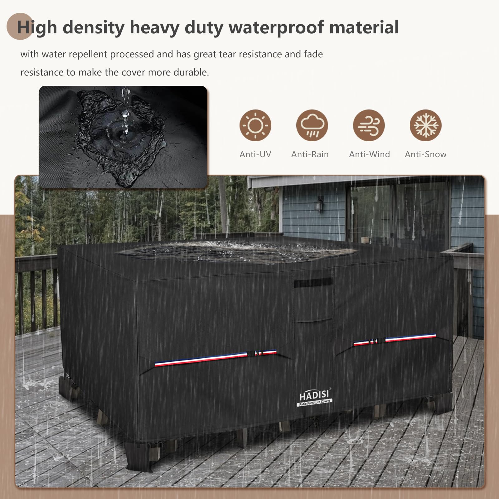 Hadisi drawcord and clip attachment secures cover tightly against wind