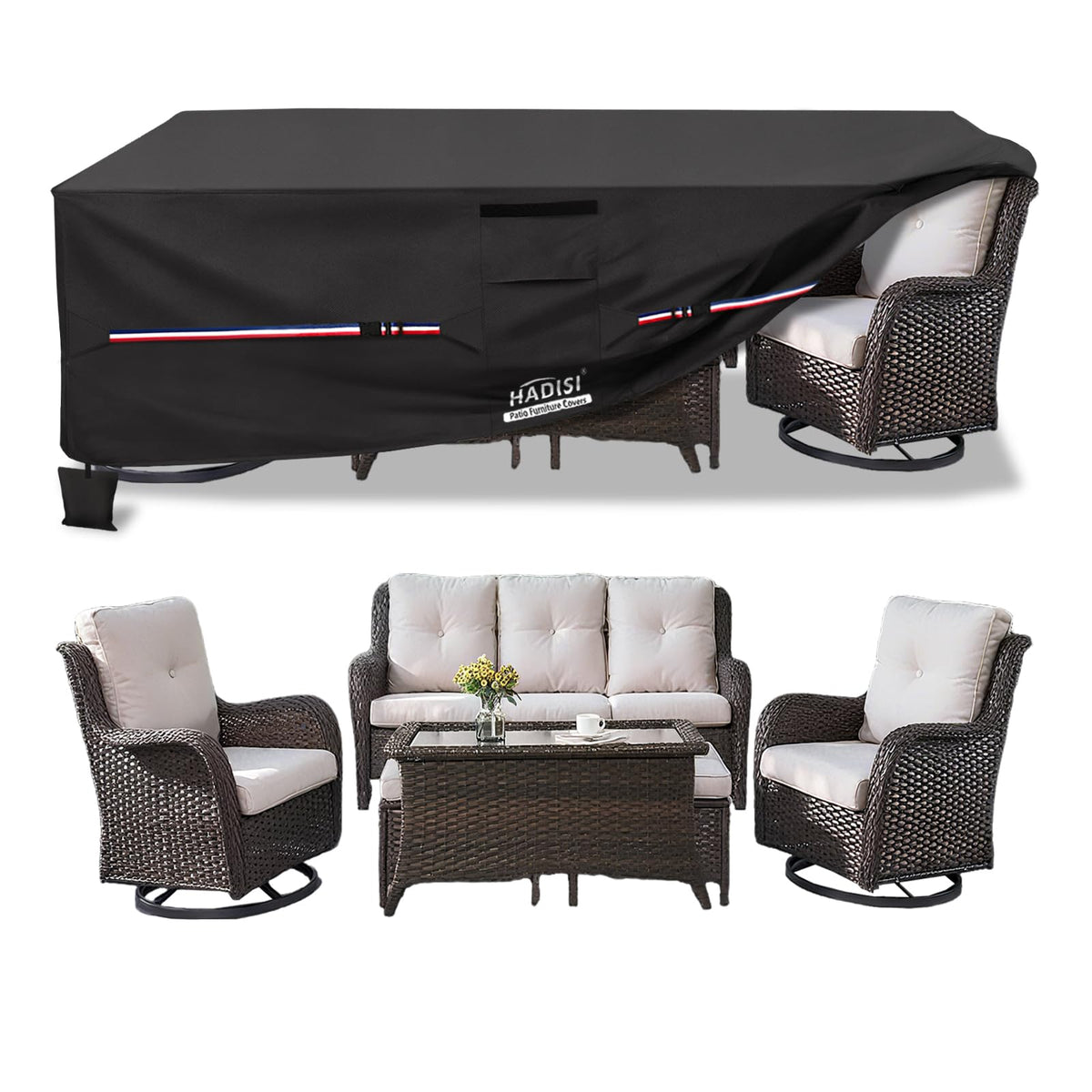 Hadisi front view of cover fitted on table protects furniture from weather
