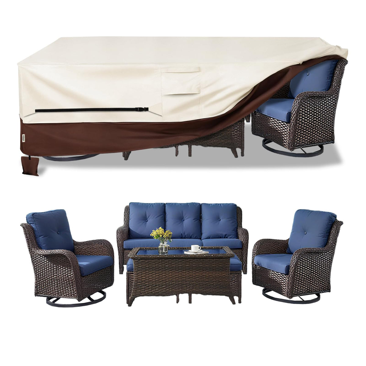 Hadisi front view of rectangular patio cover protecting full dining set, improved longevity