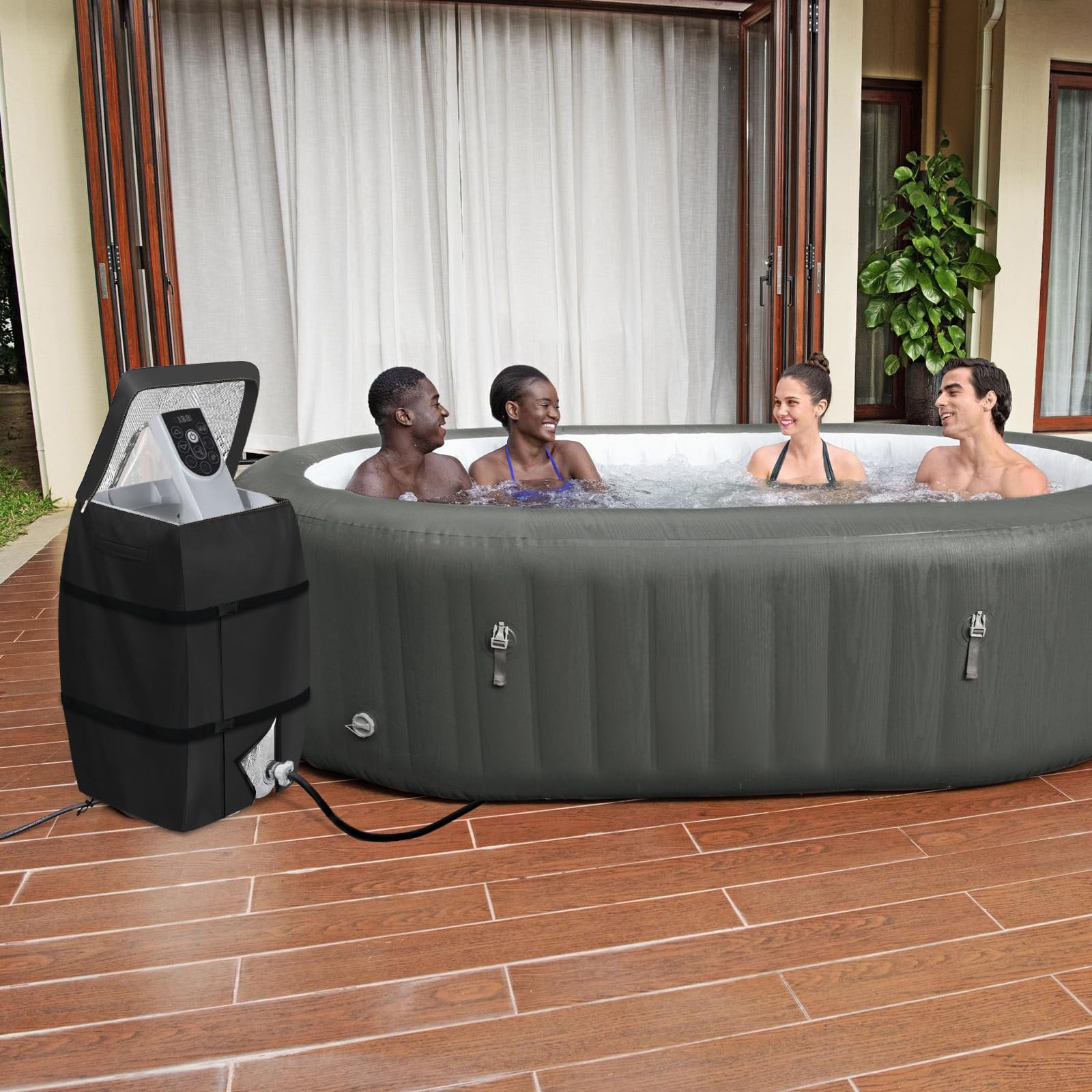 Hadisi cover installed at outdoor spa protecting pump from weather