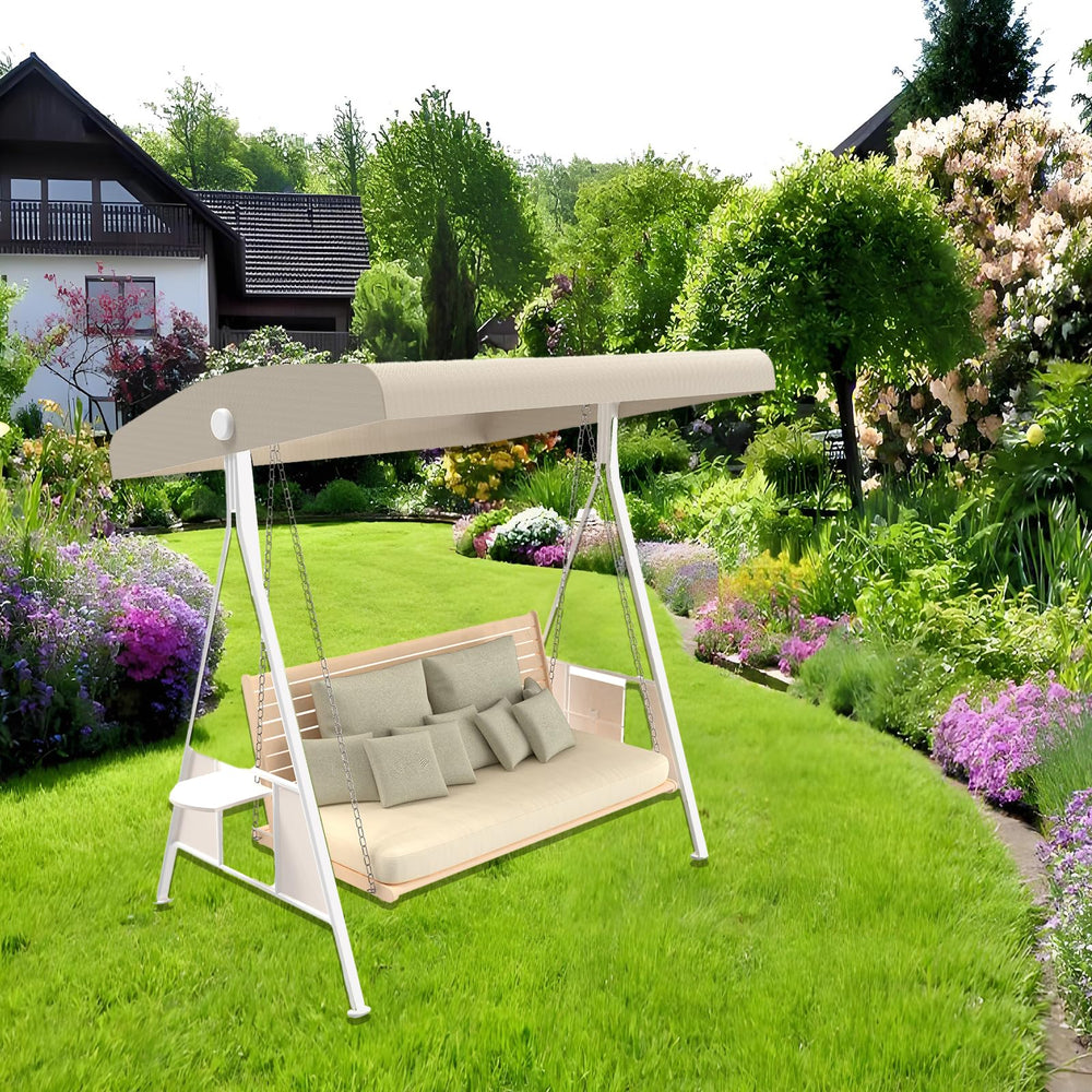 Hagsfire canopy on porch swing in a garden setting showing aesthetic blend and shelter