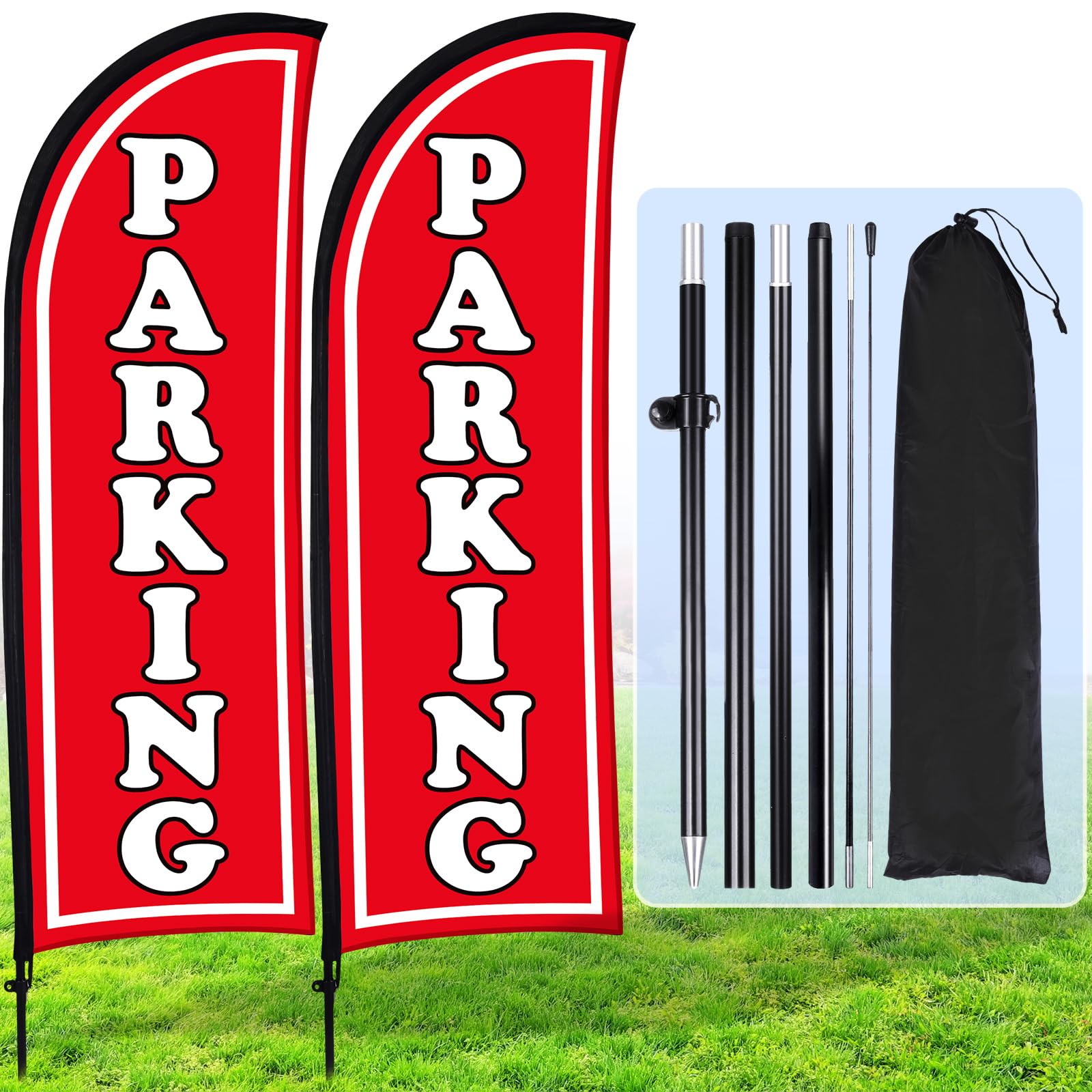 Hahafelt front view of red parking feather flag for high-visibility signage