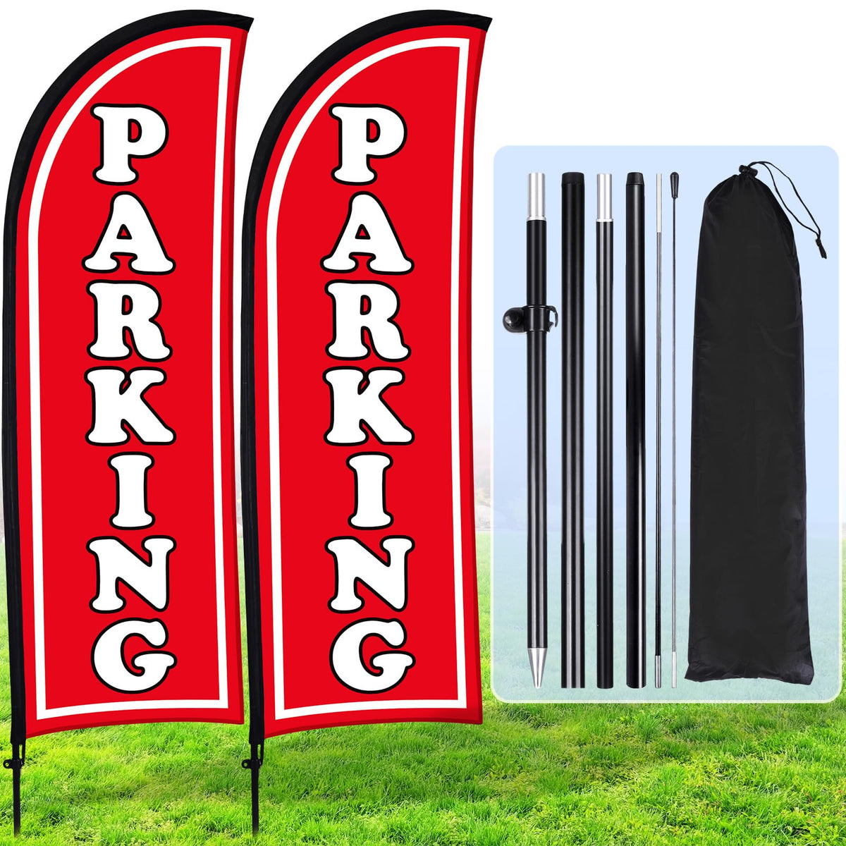 Hahafelt front view of red parking feather flag for high-visibility signage