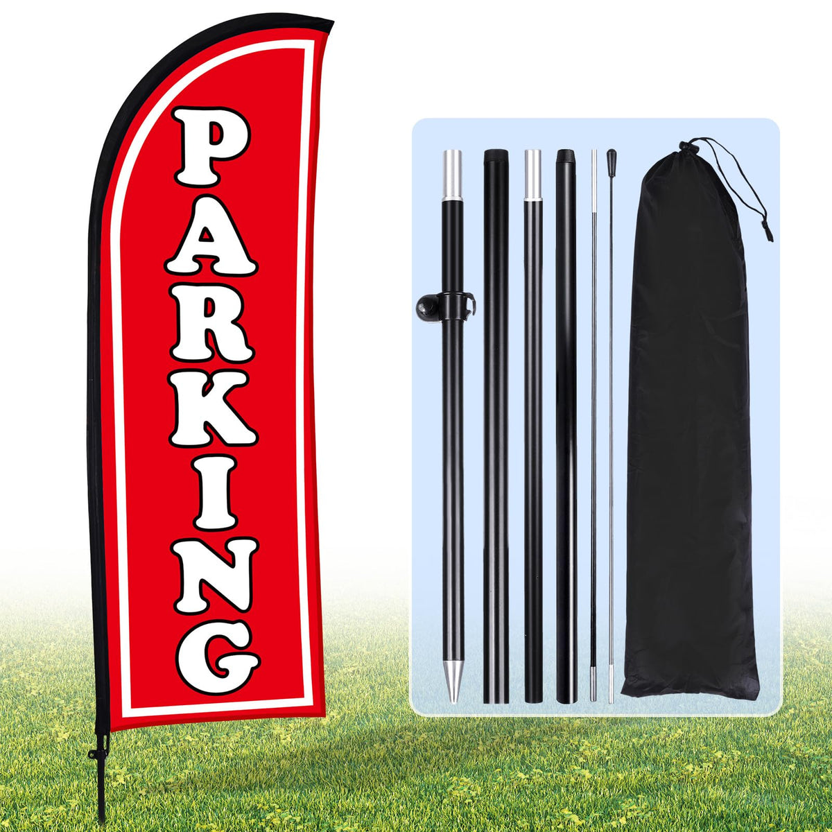 Hahafelt front view of red parking feather flag showing high visibility