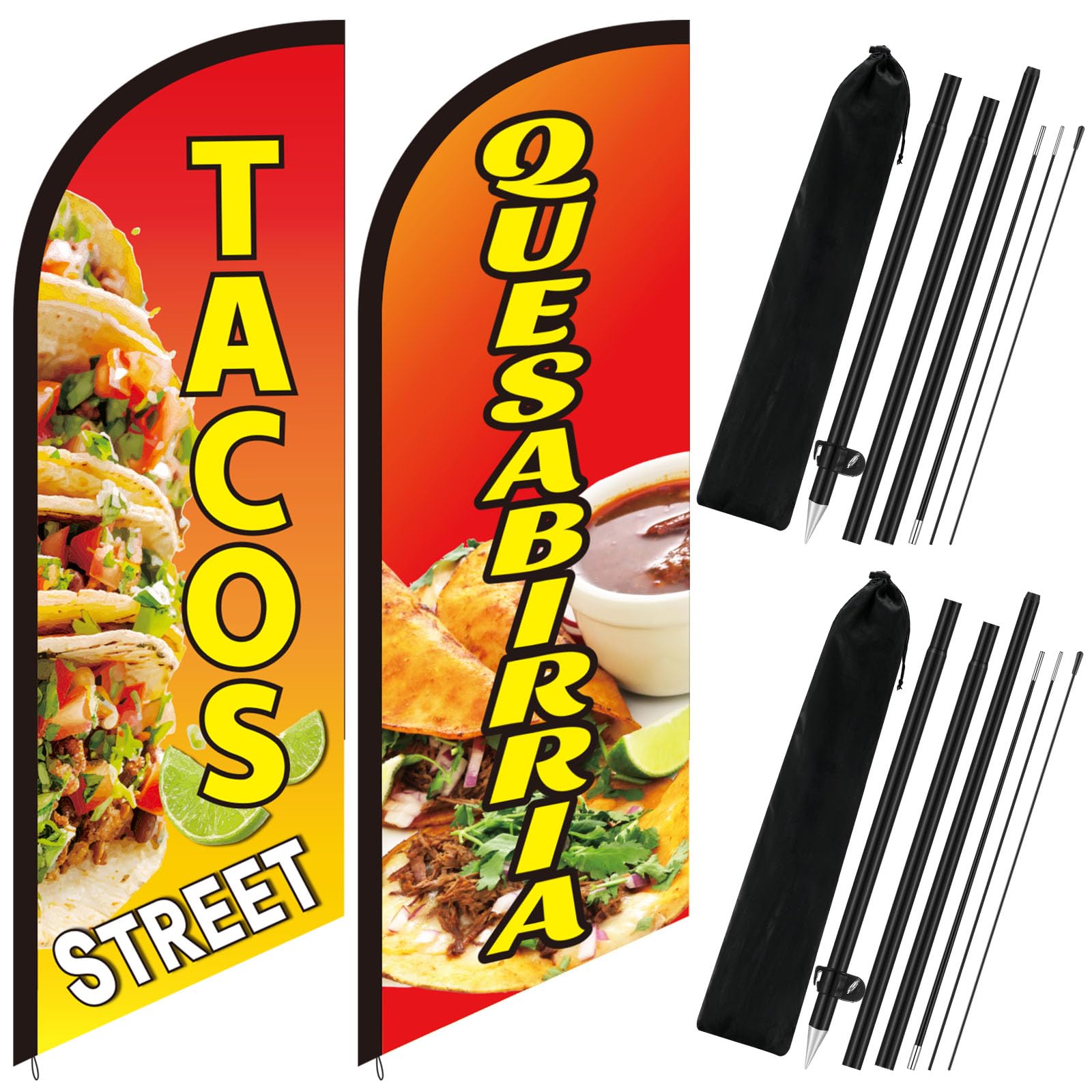 Hahafelt front view of taco and quesabirria feather flag kit, draws customers