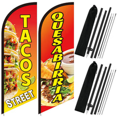 Hahafelt front view of taco and quesabirria feather flag kit, draws customers